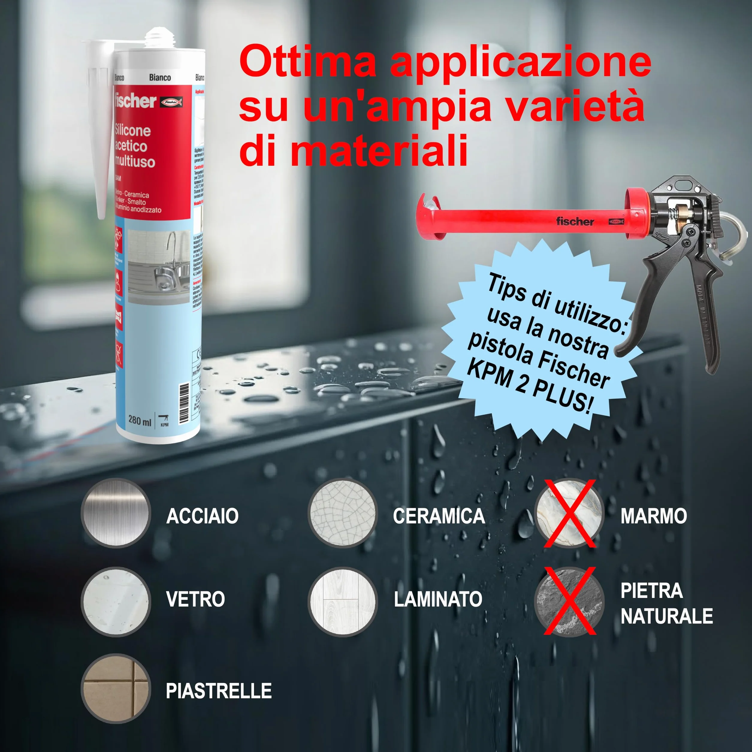 Fischer Silicone Acetico Multiuso SAM 280 Trasparente, Sigillante Antimuffa per Vetro, Alluminio, Smalto, Ceramica, Adatto per Bagno e Cucina, 9351