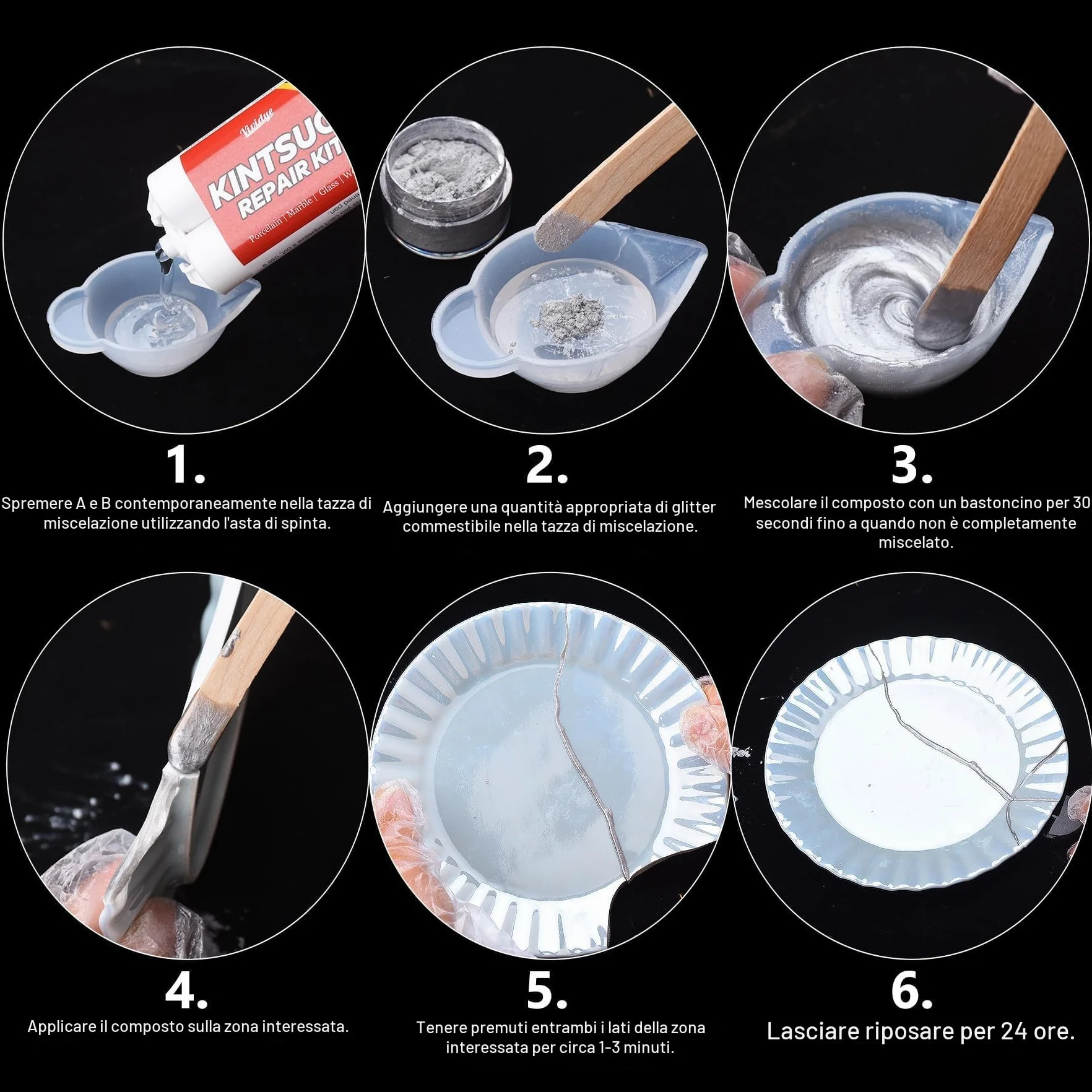 Kit di Riparazione Kintsugi 50ml - Colla Ceramica Abbinata a Polvere Dorata e Argentata per Ciotole e Vasi, Sicurezza della lavastoviglie kit kintsugi per Riparazione Perfetta di Oggetti Significativi