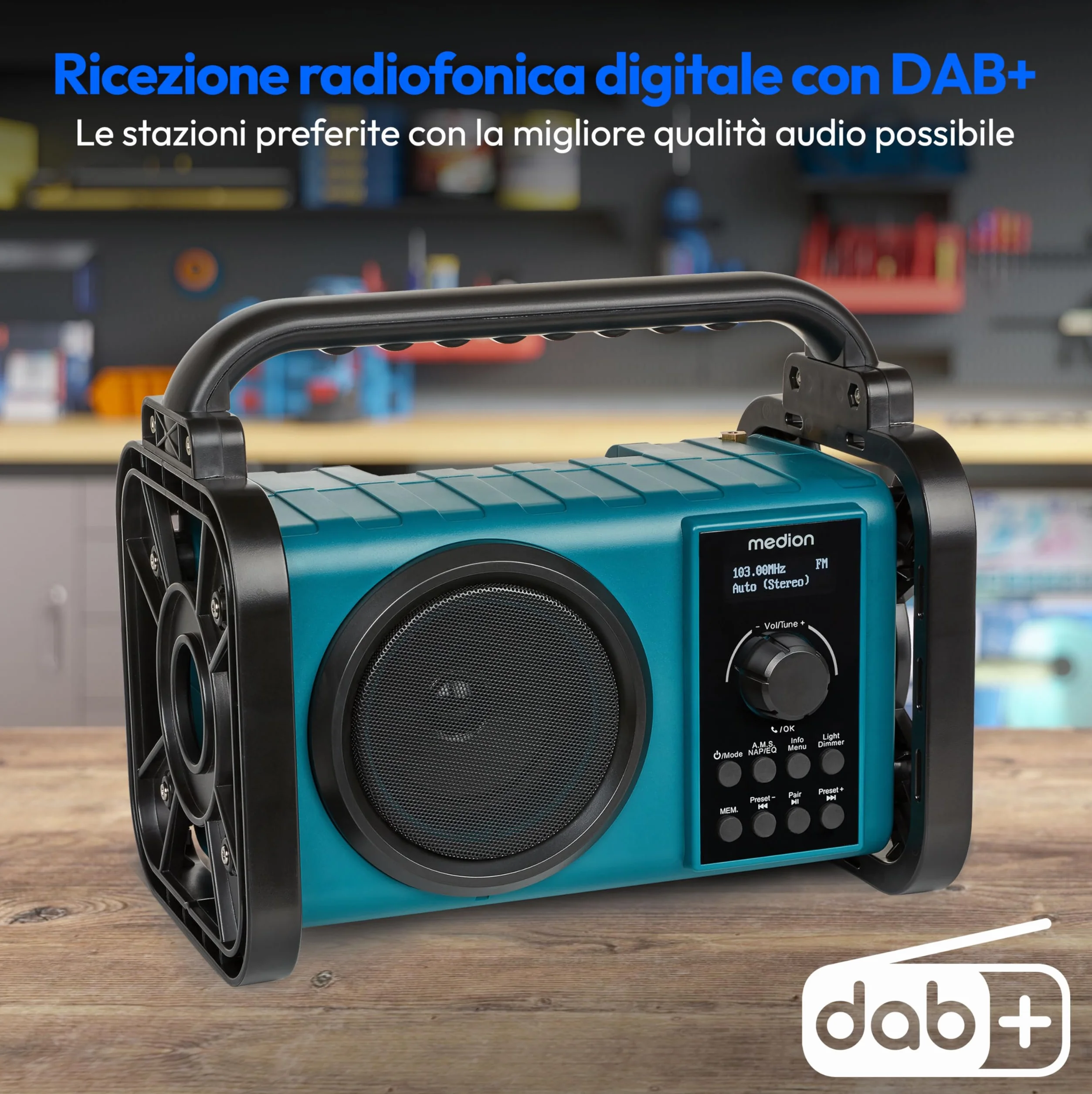 MEDION E66877 Radio da cantiere DAB+ (custodia robusta, resistente agli spruzzi (IP44), Bluetooth 5.0, radio FM PLL, luce di lavoro a LED, funzionamento a batteria e a rete) blu