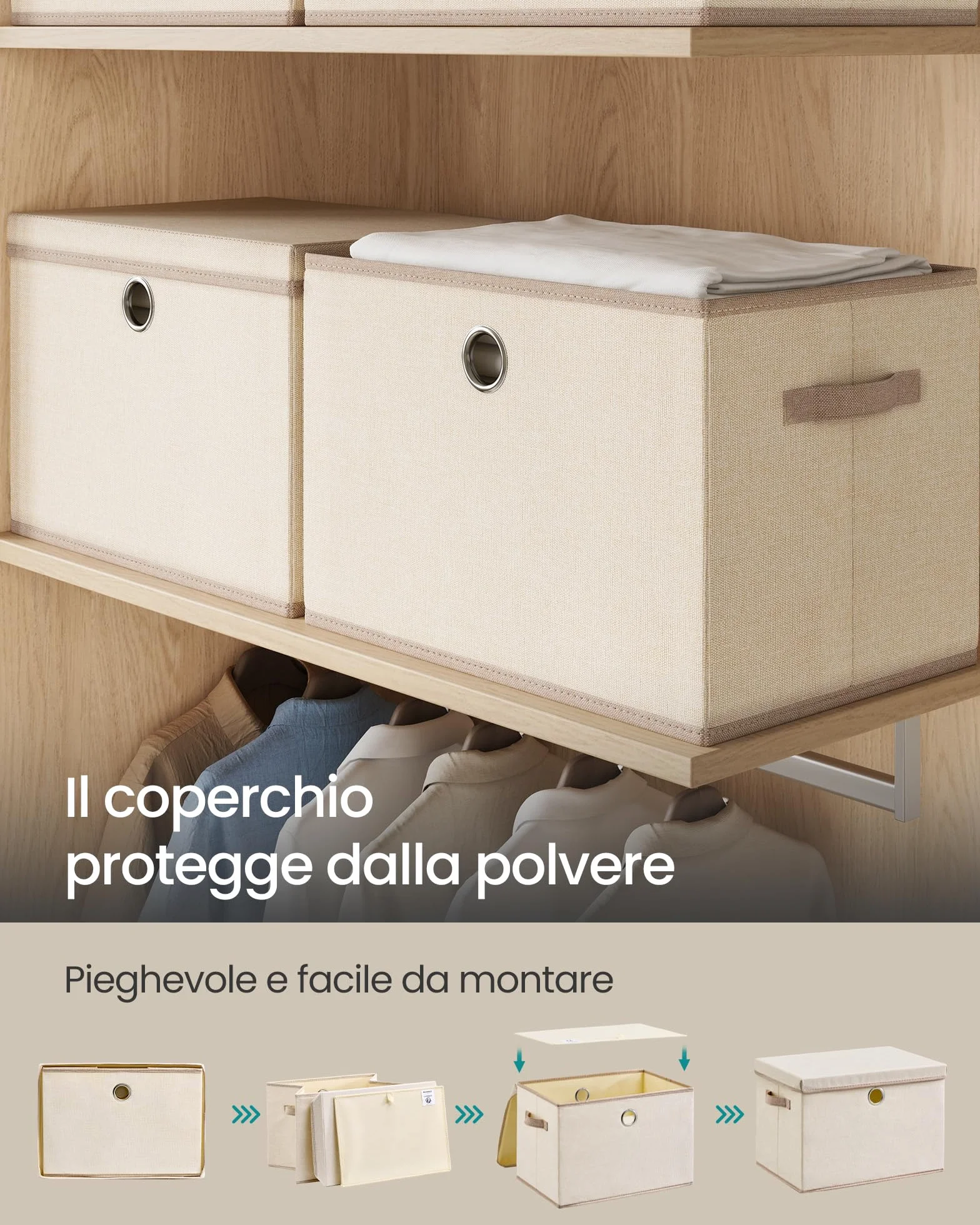 SONGMICS Scatole Portaoggetti con Coperchio, Set di 3 Contenitori in Tessuto, Pieghevoli e Impilabili, 43 x 30 x 30 cm, Beige Cappuccino