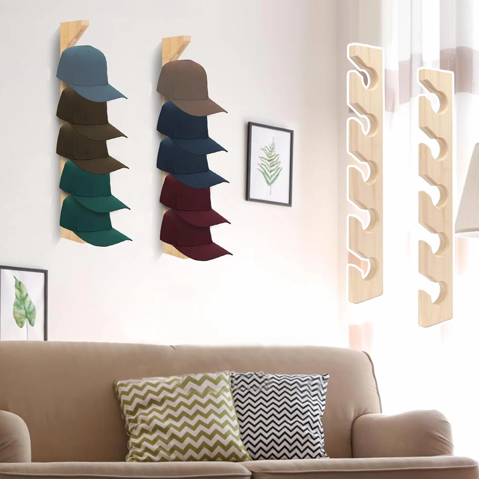 Porta Cappelli da Parete in Legno 2 Pezzi Espositore per Sciarpe e Cappellini da Baseball Organizer Ganci