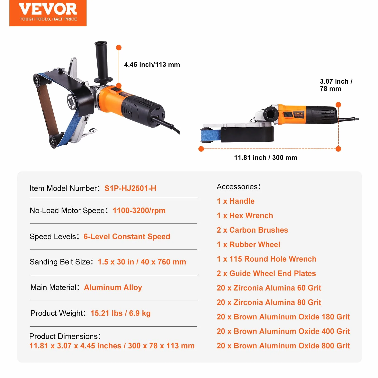 VEVOR Levigatrice per tubi 1300 W, levigatrice a nastro per tubi con 6 velocità, 1100-3200 giri/min, levigatrice a nastro professionale 100 pezzi, con cinghie di levigatura per lucidatura e rimozione