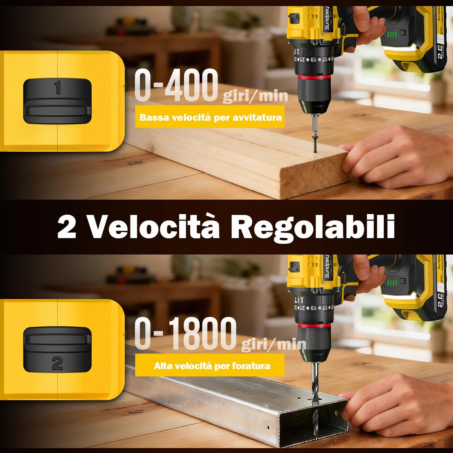 Sundpey 21V Trapano Avvitatore a Batteria - Max 70Nm Brushless Trapano a Percussione con 2 Batterie 2.0Ah, 23+3 Coppie, Mandrino 10mm, Luce LED, 2 Velocità Avvitatore Elettrico per Fai da te