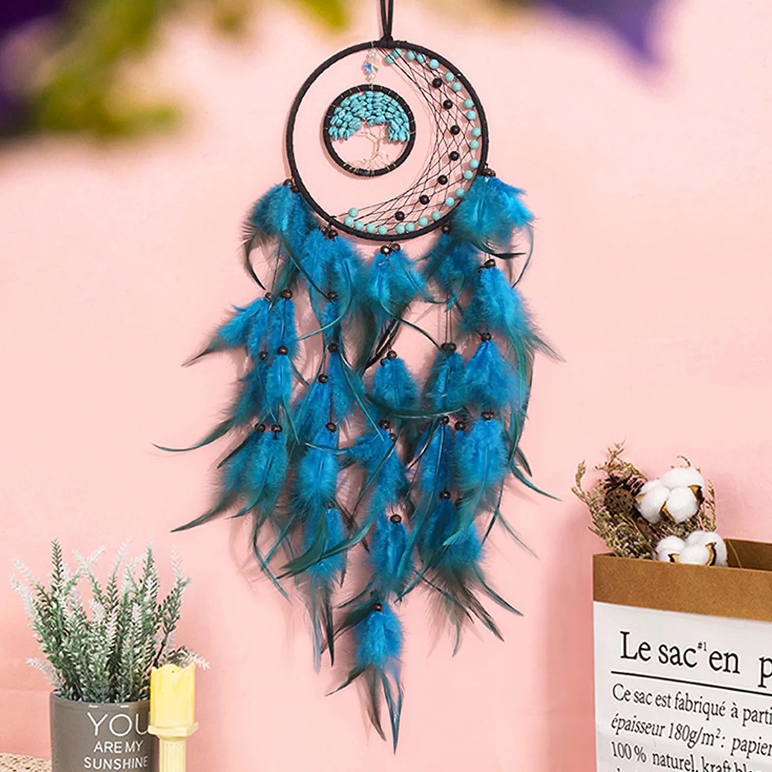Blu Dream Catcher Acchiappasogni Piume Decorative Appendere Decorazione Casa Parete Regalo