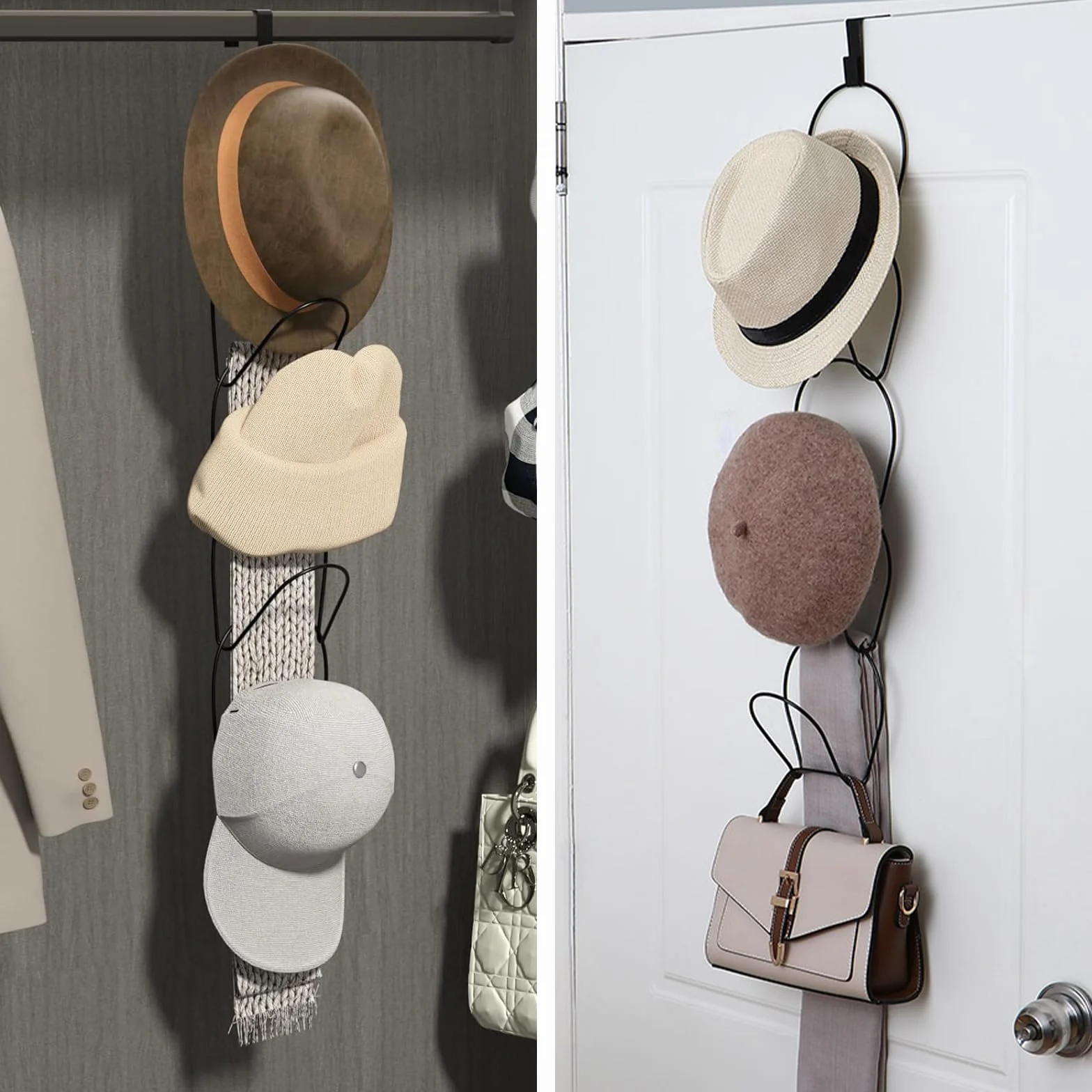 Porta Cappelli da Parete in Metallo con 2 Ganci, 10 Pezzi per Baseball, Sciarpe, Vestiti, Cravatte (Nero)