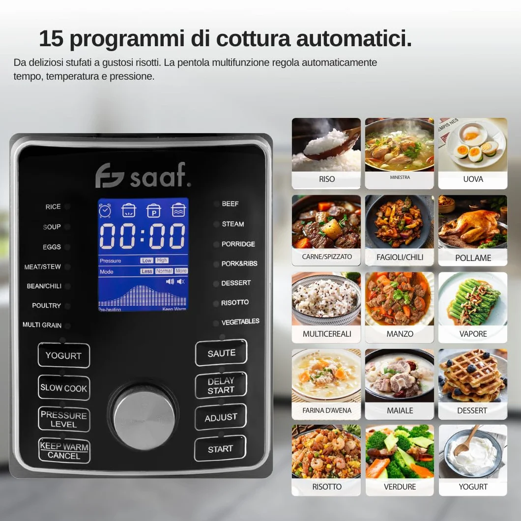 Saaf Multicooker con Airfryer – Set da 15 Pezzi – 24 Programmi – Slowcooker, Cuociriso, Vaporizzatore & Pentola a Pressione – 6L – Include Cestello, Pentola & Ricettario – Display Digitale