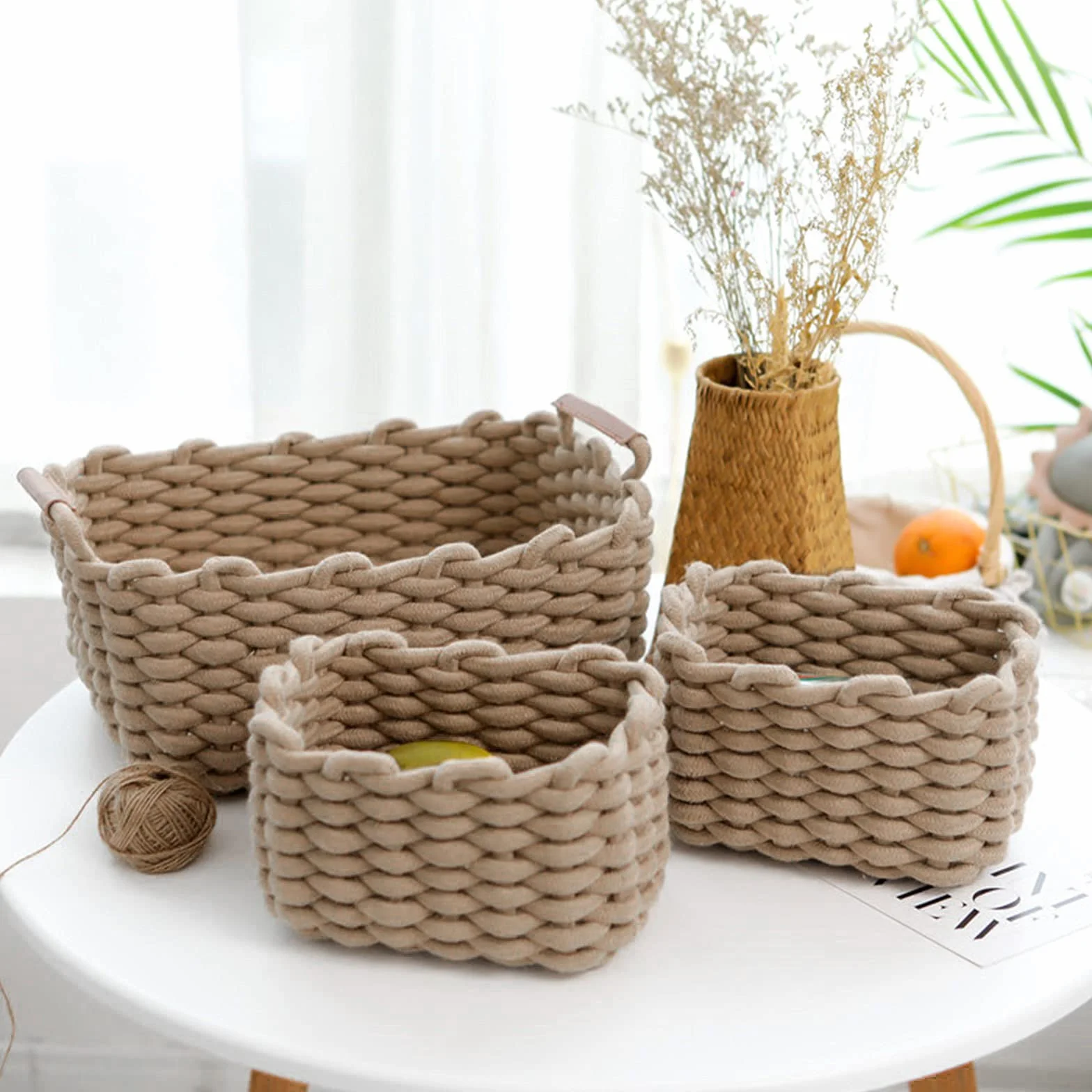 Icegrey Cestini in Corda di Cotone Cesto Contenitore Organizer Cestini Portaoggetti Decorativi Rettangolari Naturali Per Camerette Soggiorno Camera Da Letto Cachi Set di 3