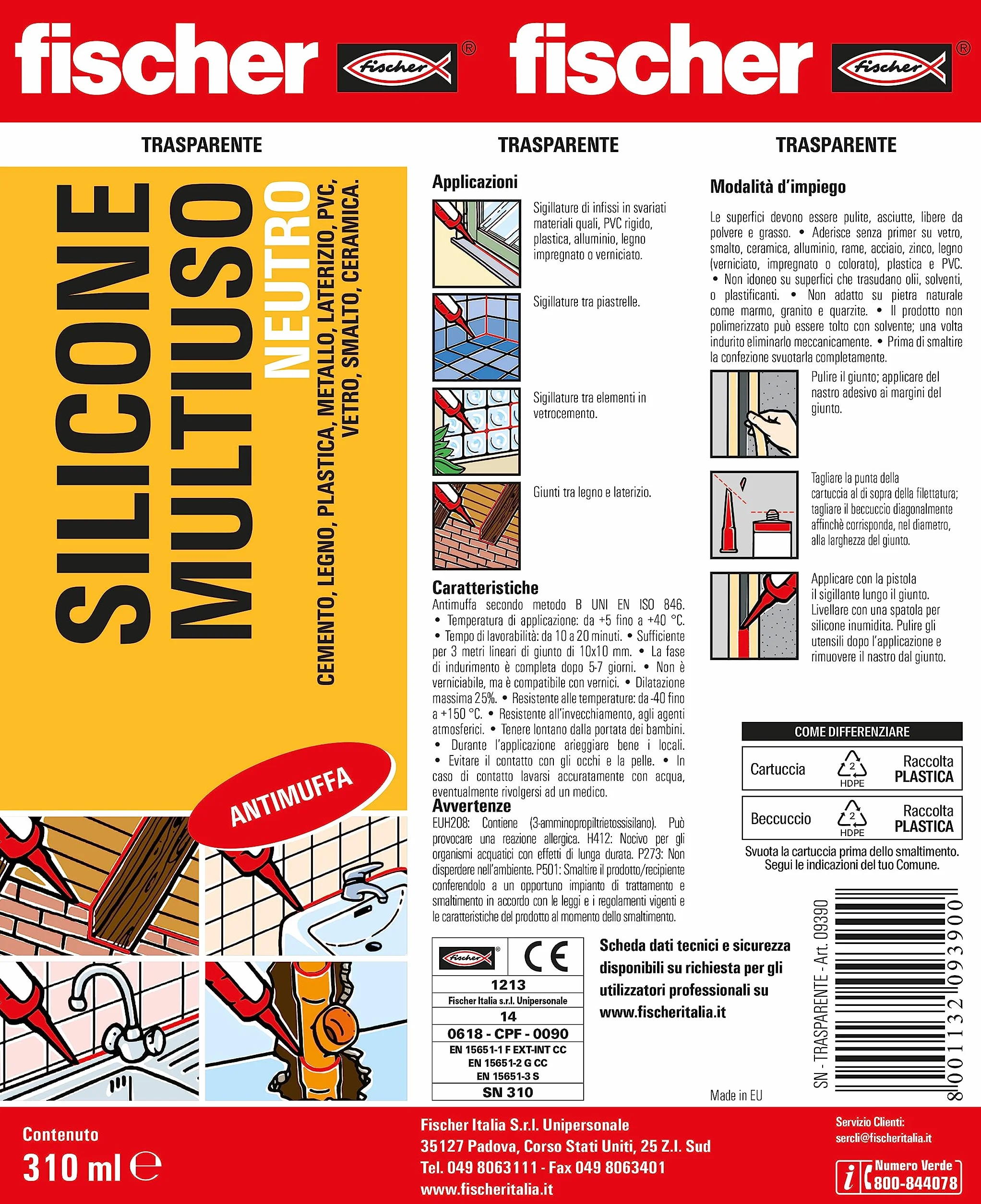 Fischer SN Silicone Neutro Multiuso Trasparente, Sigillante per Materiali Porosi, Inodore, Antimuffa, Senza Solventi, Multiuso per Interni ed Esterni, 9390