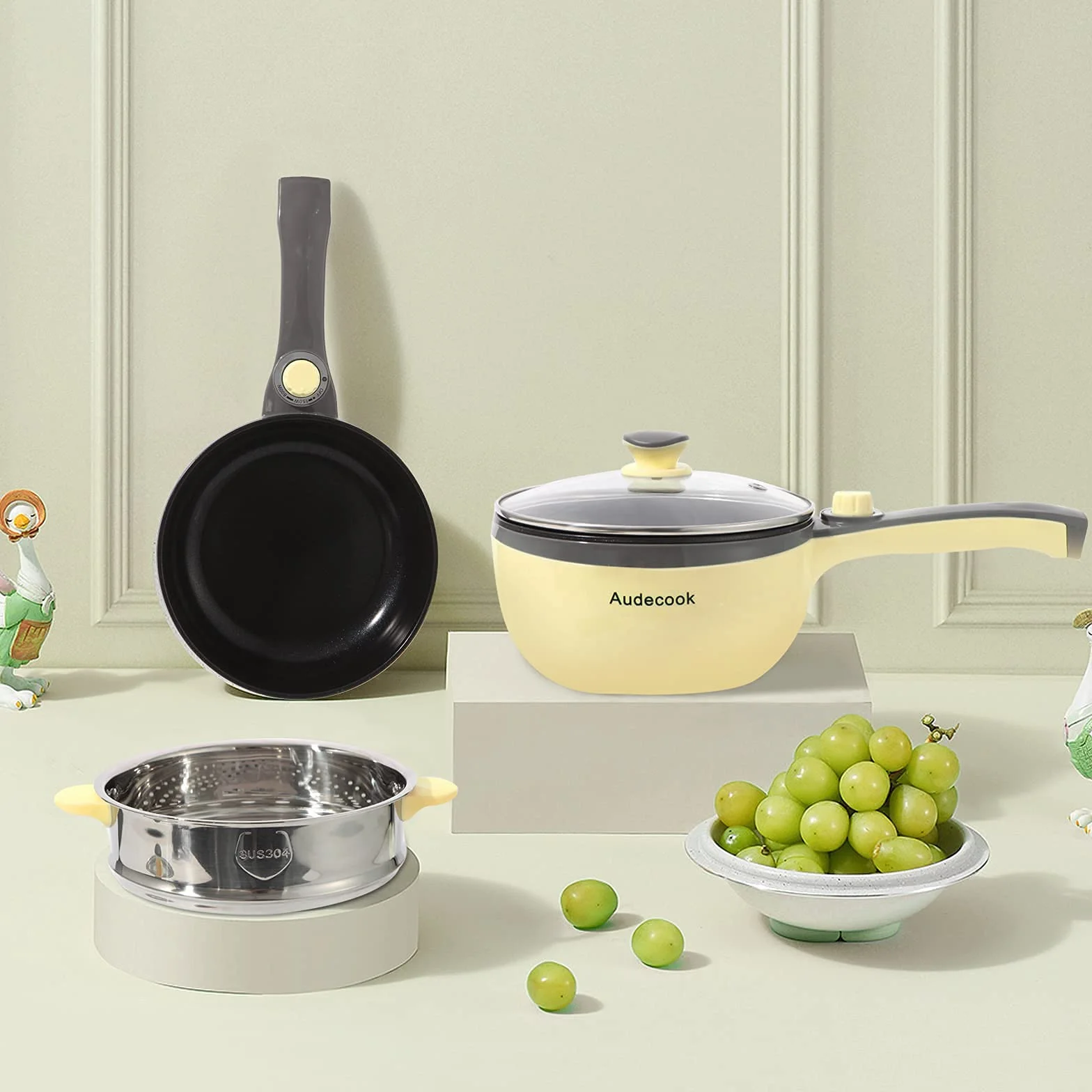 Audecook Padella Elettrica con Vaporiera, Mini Hot Pot 20 cm, Pentole Elettriche Multifunzione Antiaderente, Portatile Fornello Elettrico da Viaggio, Dormitorio, Casa - Giallo