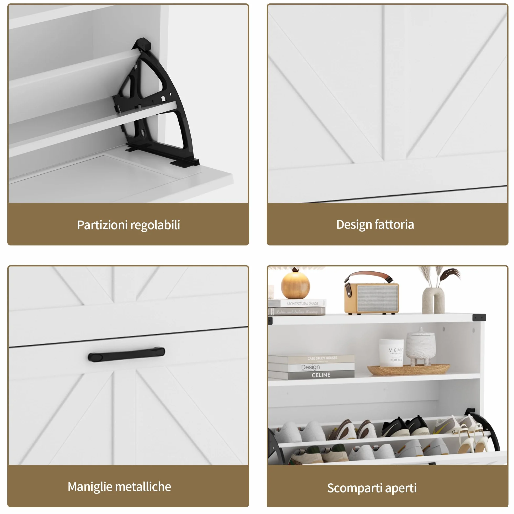BonVache Scarpiera stretta, scarpiera con 2 ante, scarpiera ribaltabile con 4 ripiani, mobile per scarpe con spazio aperto, portascarpe in legno, 80x24x113,5 cm, bianco