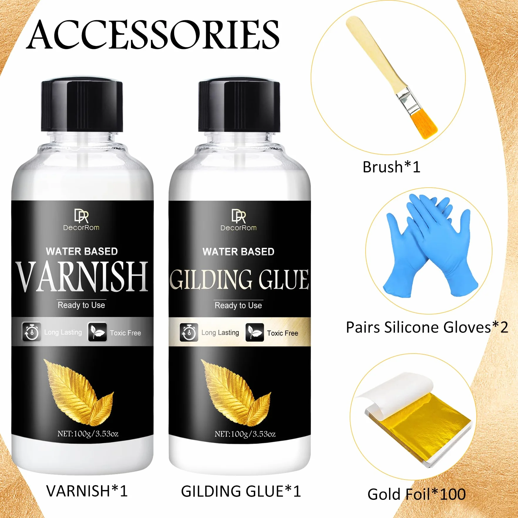 Kit Colla per Doratura con Foglia d'Oro - 200ml Adesivo e Vernice a Base d'Acqua con Pennello, 100 Foglie d'Oro per Arte, Artigianato, Pittura, Decorazione Mobili - Materiali per Pittura e Doratura