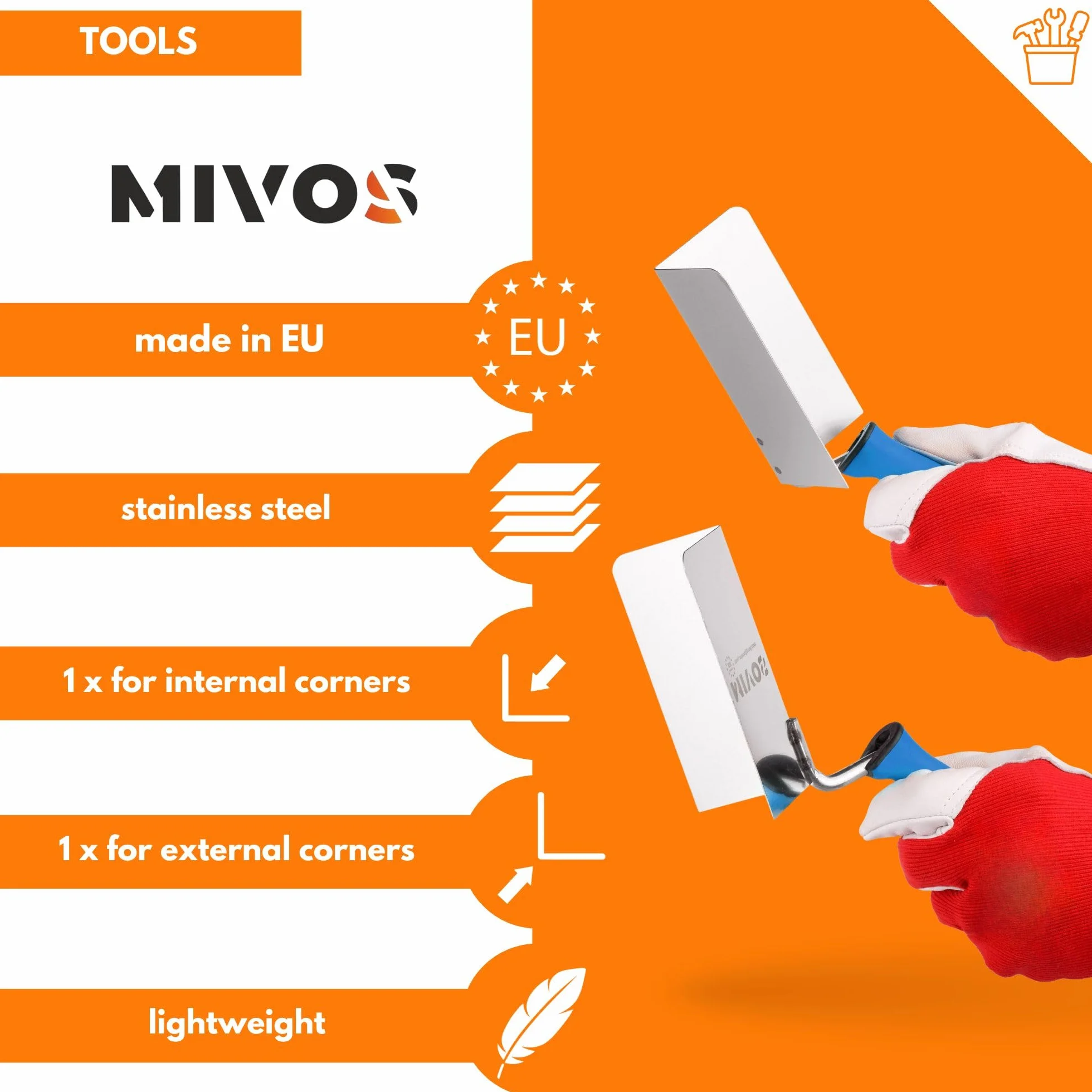 Mivos 2x Cazzuole Angolari Antiruggine 120 x 60 mm - Cazzuola Angolare Interna ed Esterna in Acciaio Inox - Cazzuola per Bordi Interni ed Esterni con Impugnatura Morbida - Spatola Angolare per Stucco