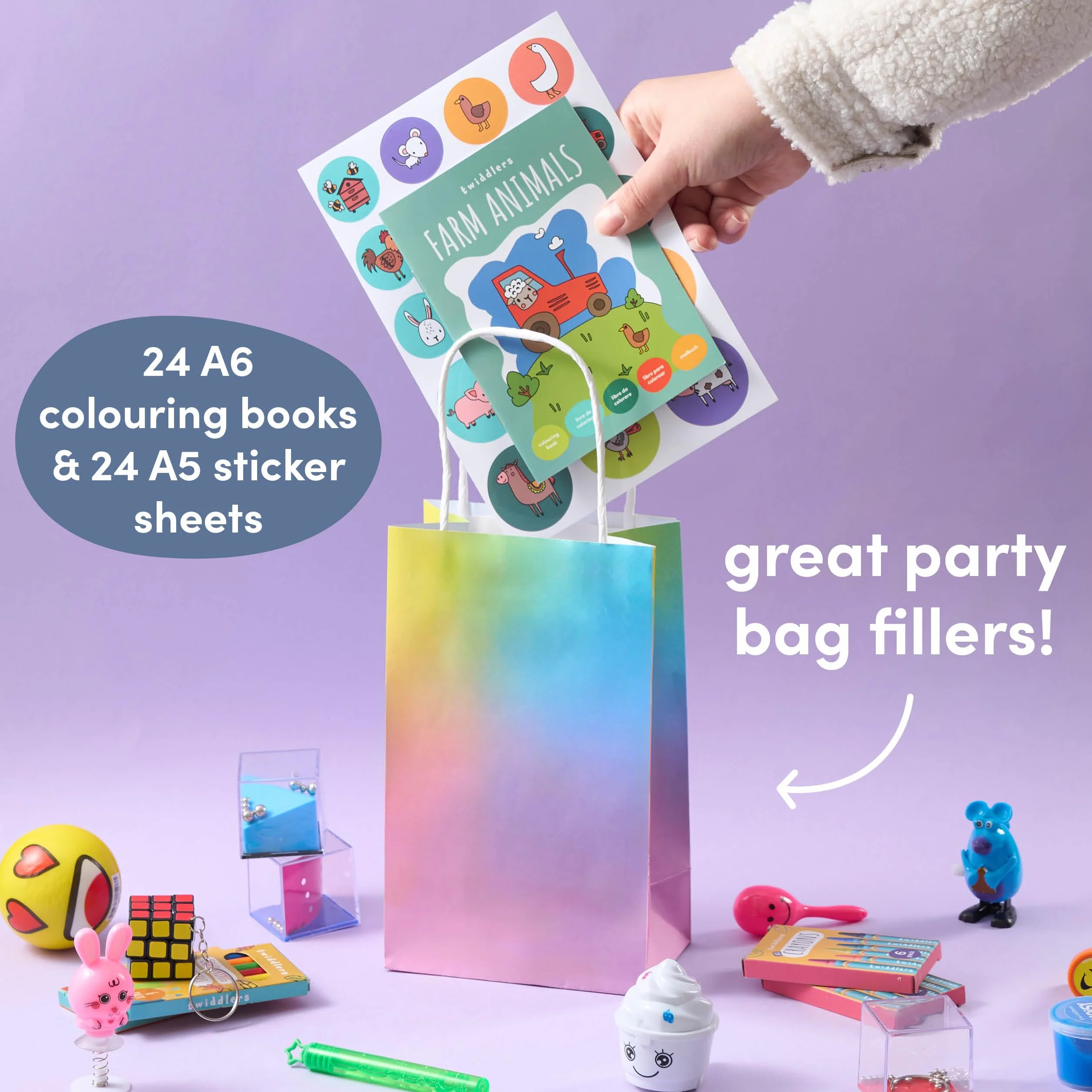 THE TWIDDLERS 24 Mini Libri da Colorare per Bambini A6 Animali della Fattoria con Adesivi