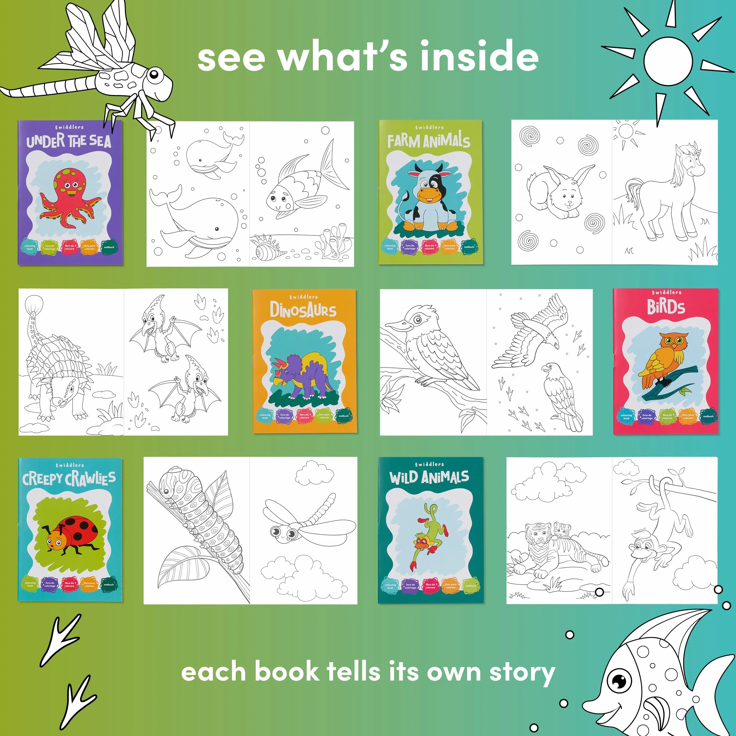 THE TWIDDLERS 24 Mini Libri da Colorare per Bambini A6, Disegni di Animali, Set Regalo Attività Artistiche