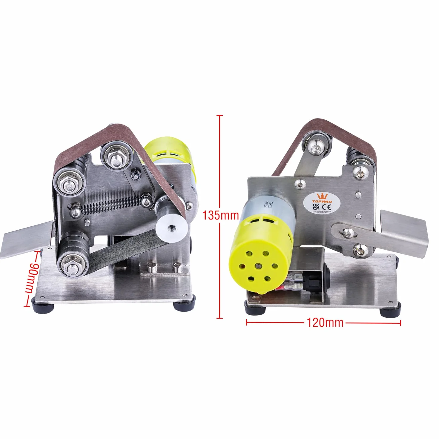 TOPWAY Mini Levigatrice Elettrica a Nastro, Levigatrice a Nastro Multifunzione Smerigliatrice da Banco con 7 velocità Regolabili e 20 Pezzi Nastri da 330 x 30 mm e Ruota Lucidante in Tessuto