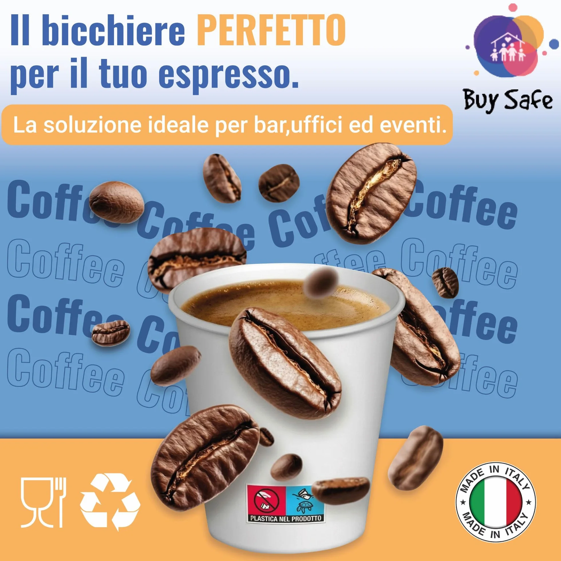 Bicchierini Caffe Carta 75 ml 200 Pezzi Usa e Getta Resistenti Riciclabili