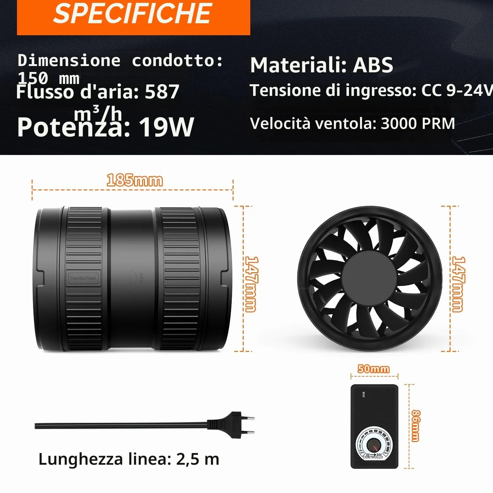 FanGoFast Estrattore Aria 150 mm 587m³/h Ventola Aspirazione Regolabile Controllore Velocità