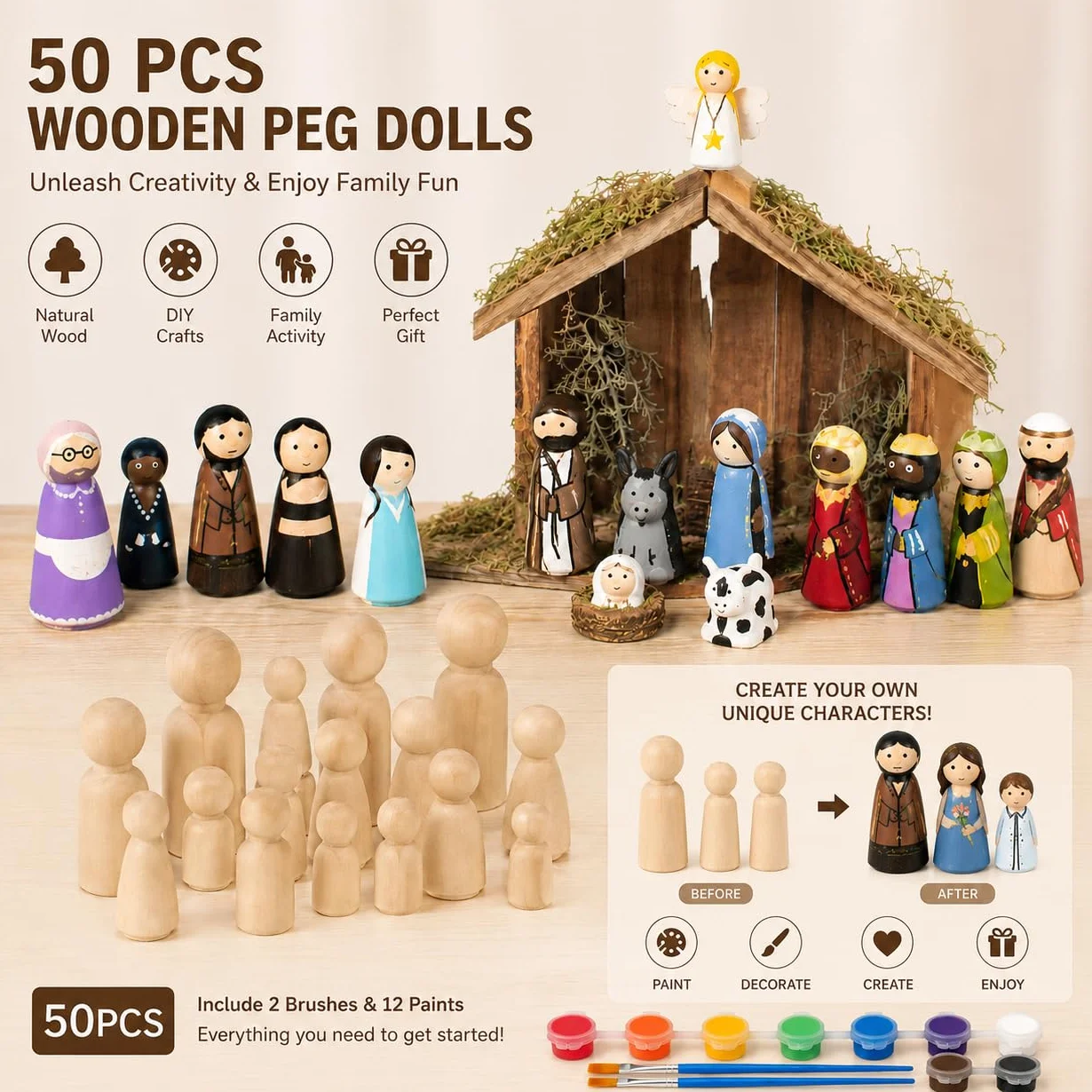 Confezione da 50 bambole e figure in legno grezzo – forme e dimensioni assortite per lavori fai da te, pittura e decorazioni per la casa