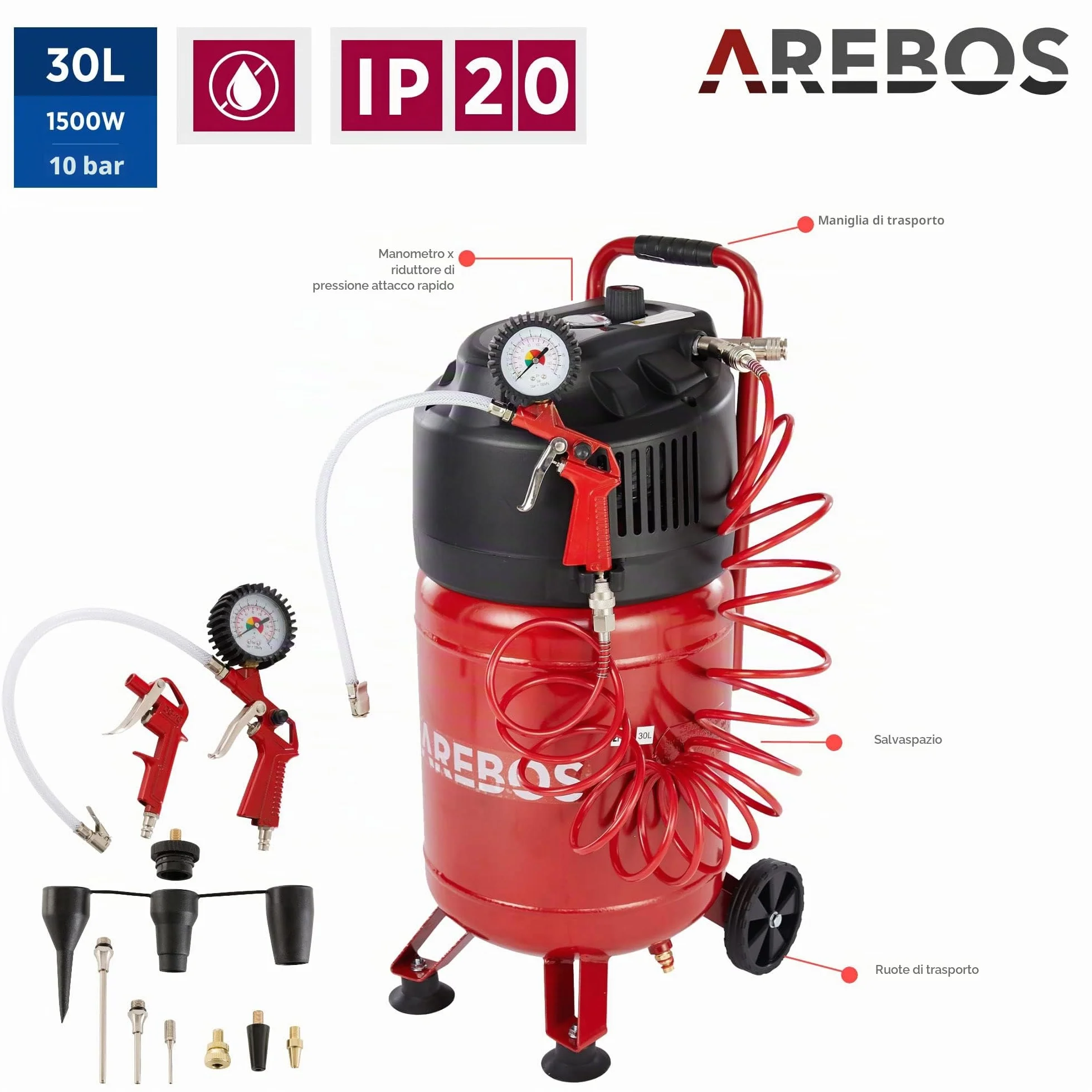 Arebos Compressore ad aria compressa 1500W | 30l | incluso set da 13 pezzi | senza olio | 240 L/min | doppio attacco Euro | 10bar| Capacità: 50 l, 30 l o 6 l (30 litri)