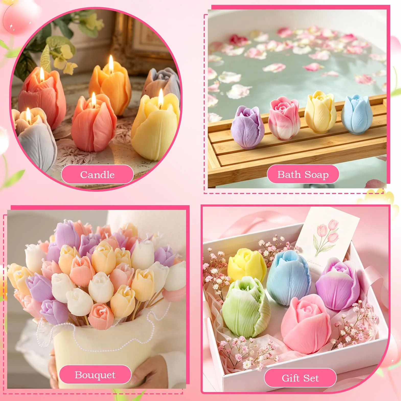 4 Pezzi 3D in Stampi Cera Tulipano, Stampo Tulipano per Candele, Stampi in Silicone a Forma di tulipano, per Realizzare Candele e Sapone, Regalo di Festa, Decorazioni per la Casa