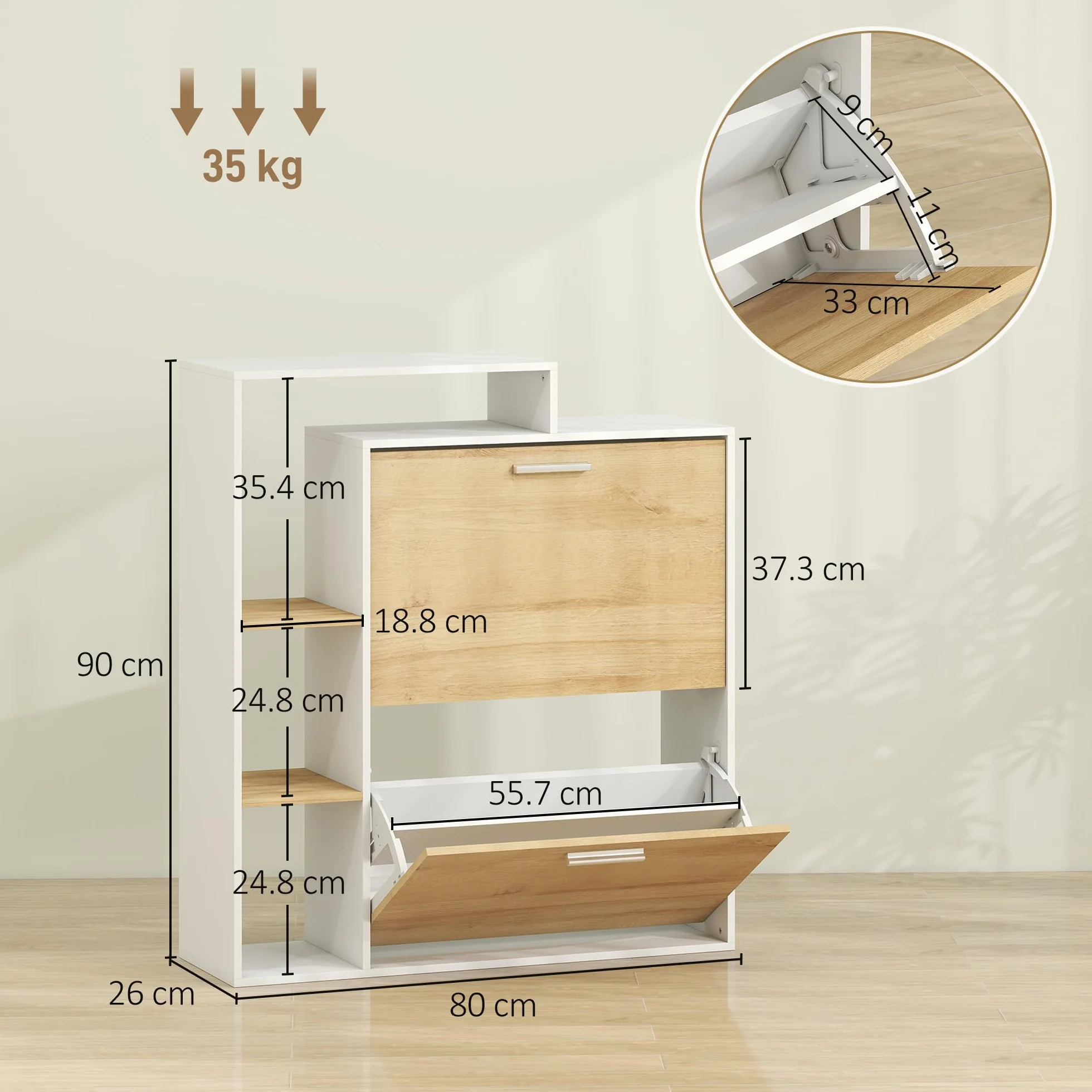 HOMCOM Scarpiera Salvaspazio Slim con 2 Ante a Ribalta, Scarpiera Ingresso con Ripiani Regolabili, 3 Ripiani Aperti, Porta Scarpe per 8 Paia in Legno con Maniglia, 80x26x90 cm, Bianco e Legno Naturale