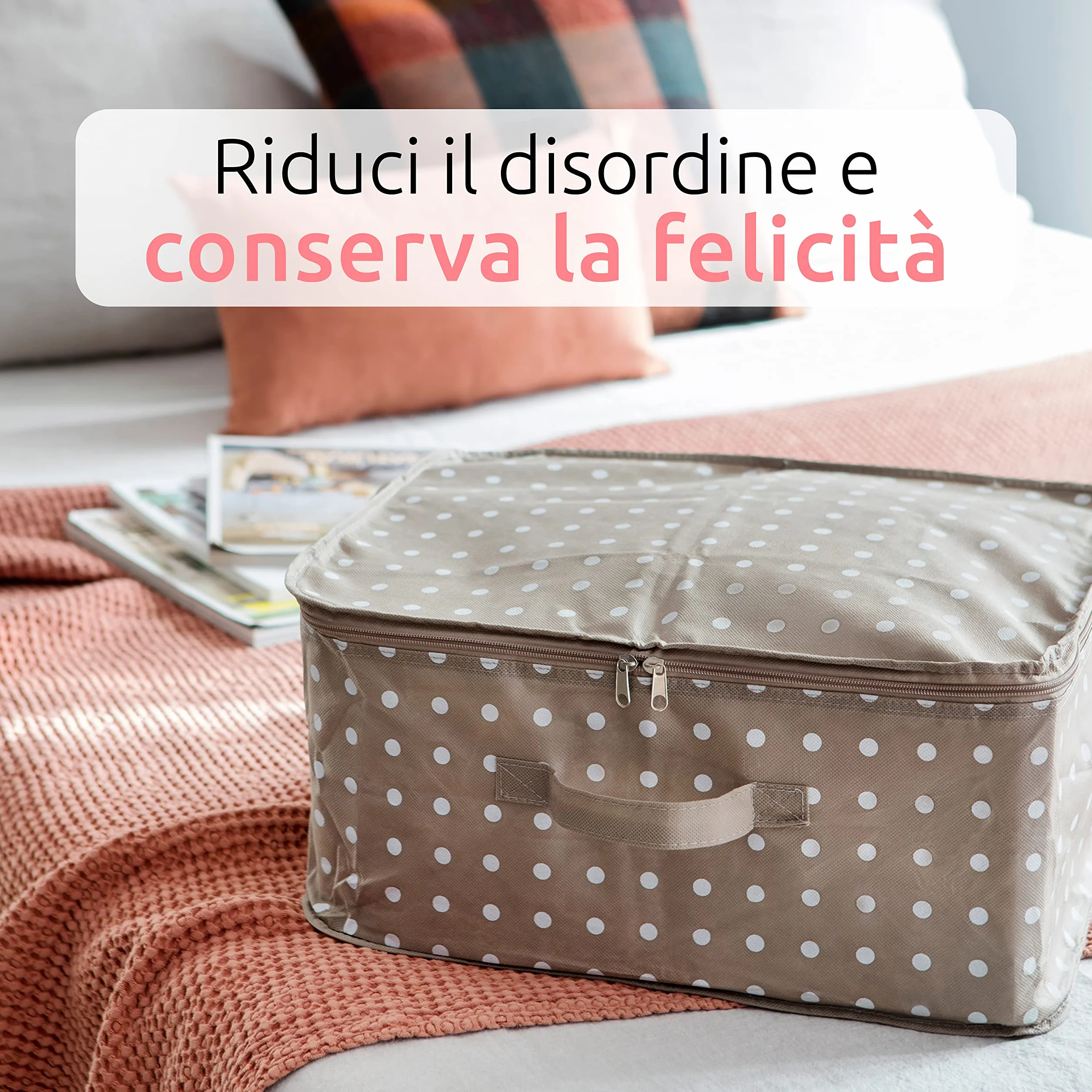 Rivoli Custodia Porta Coperte con Cerniera Antipolvere Polipropilene 46x46x20.5 cm Marrone/Bianco