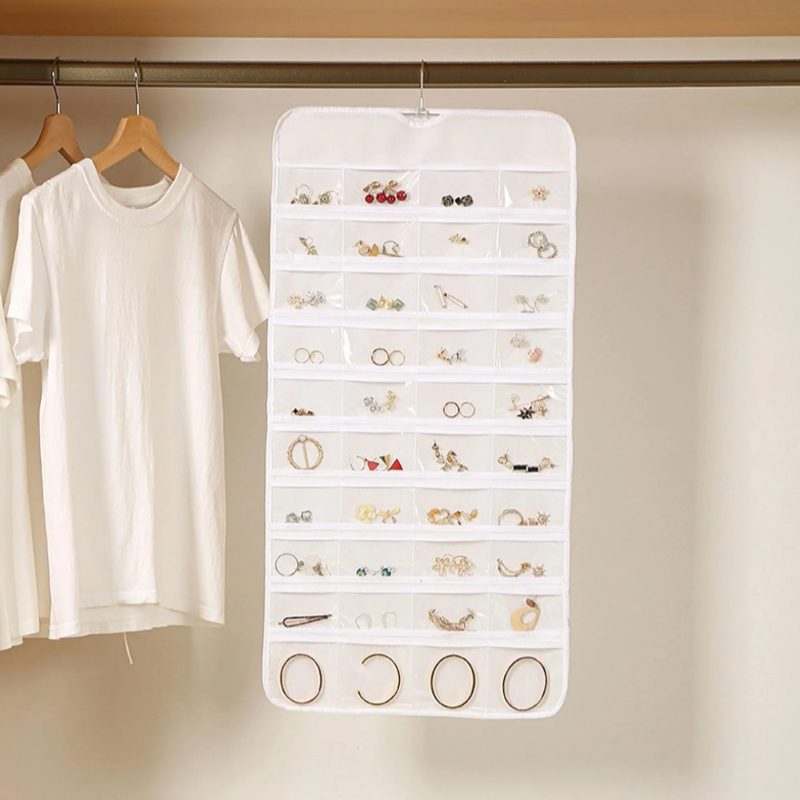 Hanging Jewelry Organizer Doppia Faccia con 48 Tasche Bianco per Armadio