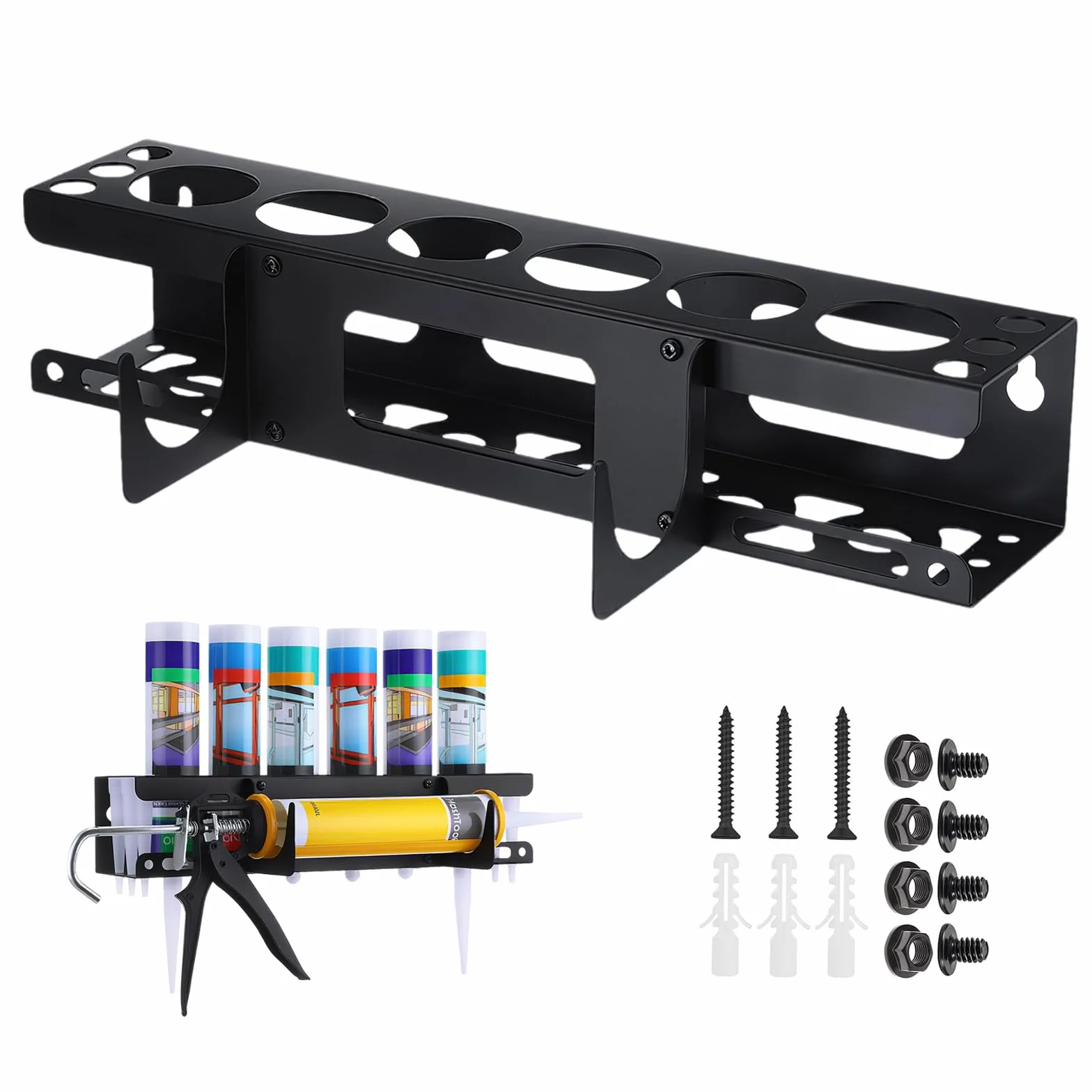 Supporto per siringa in silicone Porta Bombolette a Parete Multifunzionale con Alloggiamento Pistola Colla - Organizzatore per Spray, Adesivi- Ideale per Garage, Officina, Negozio - Nero