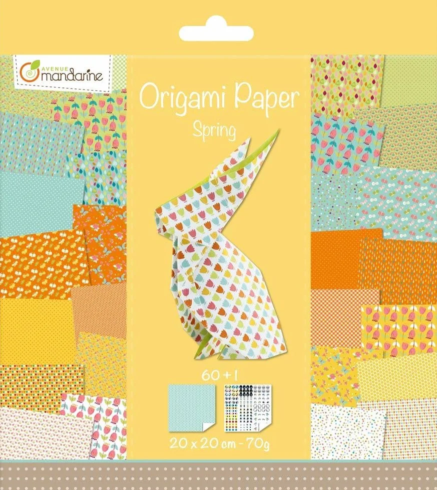 Avenue Mandarine OR505O - Confezione da 60 fogli origami 20x20 cm 70g (30 motivi x 2 fogli) e un foglio di adesivi inclusi, Spring