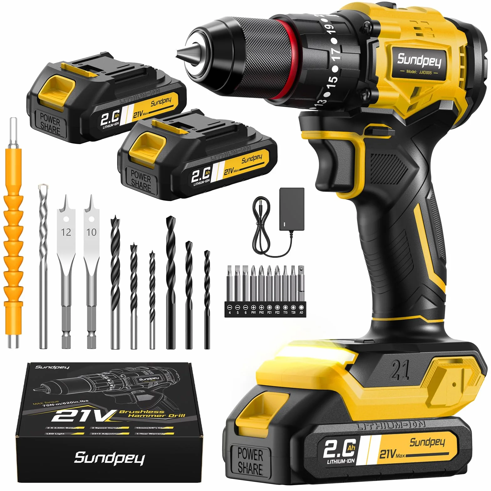 Sundpey 21V Trapano Avvitatore a Batteria - Max 70Nm Brushless Trapano a Percussione con 2 Batterie 2.0Ah, 23+3 Coppie, Mandrino 10mm, Luce LED, 2 Velocità Avvitatore Elettrico per Fai da te