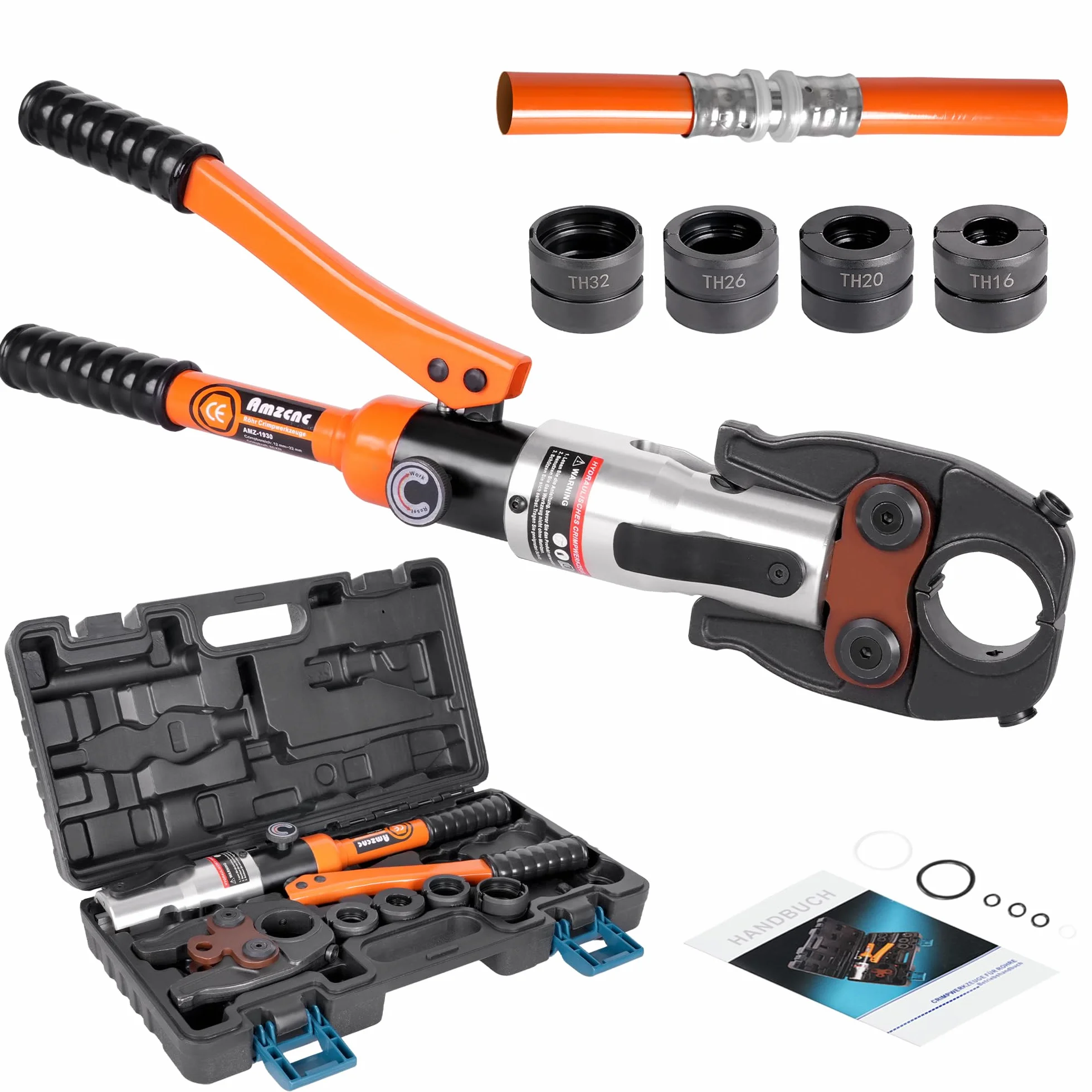 AMZCNC Pinza a pressa professionale (idraulica) con ganasce a pressione, profilo TH 16-20-26-32, per tubi compositi con raccordi del contorno TH, inserti a ganasce TH16, TH20, TH26, TH32 con