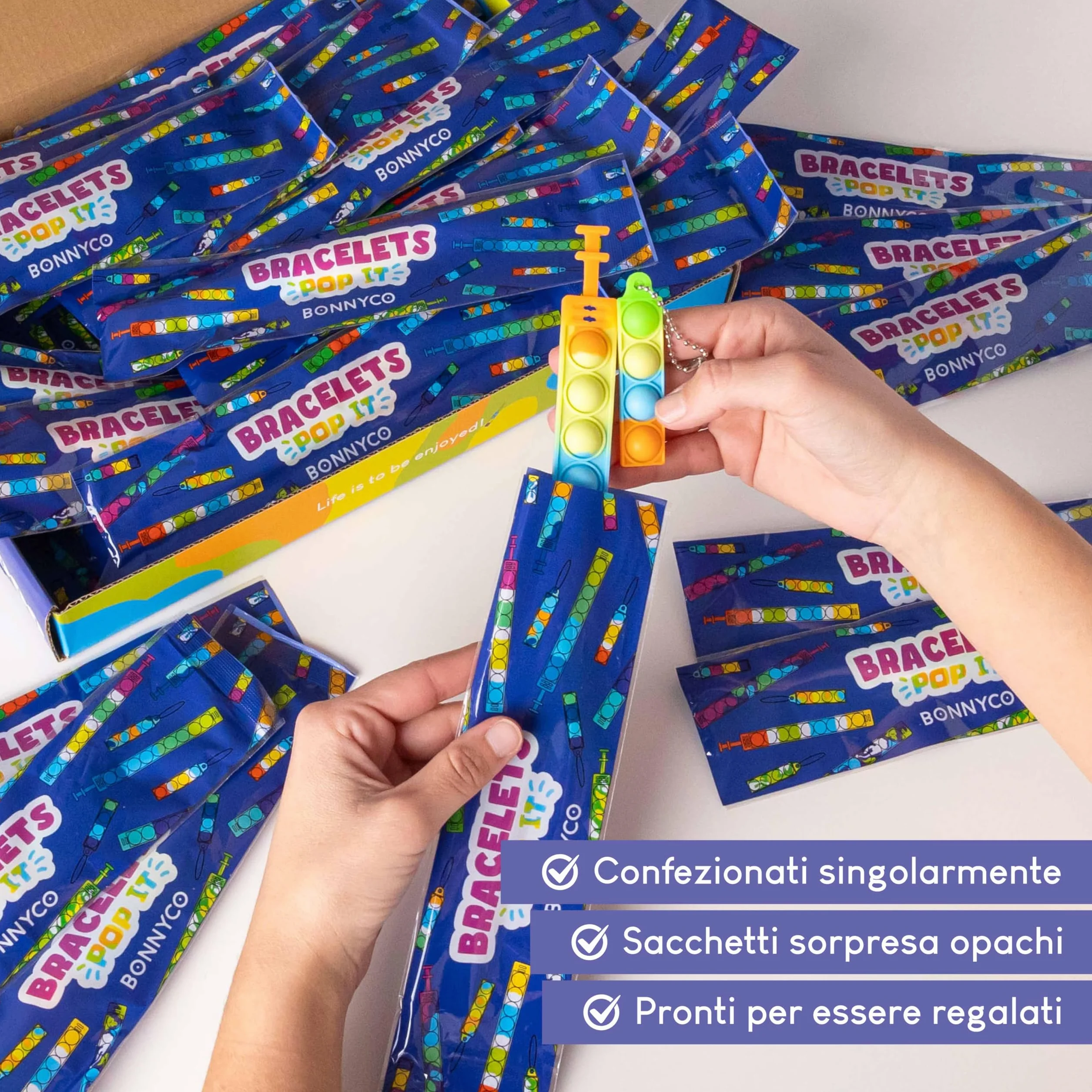 BONNYCO Braccialetti e Portachiavi Pop It, 30 Pezzi Regalini Fine Festa Bambini Fidget Toys