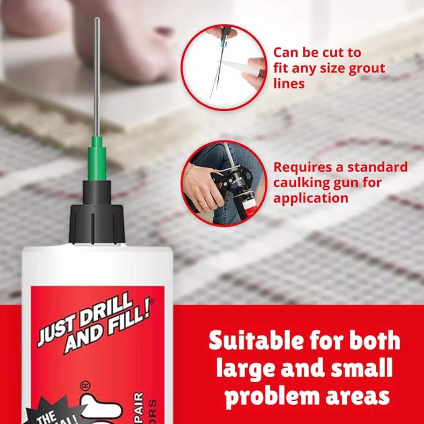 L'originale iniettore per micro siringa Fix-A-Floor per riparazione piastrelle sciolte e cave, confezione da 2. L'iniettore di micro siringa deve essere utilizzato solo in linee di malta inferiori a