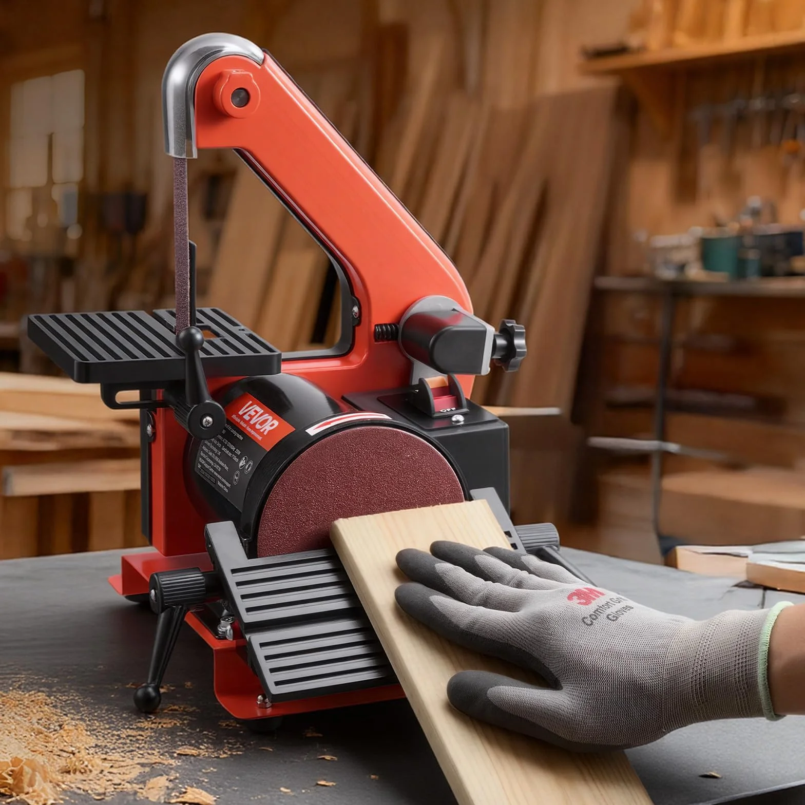 VEVOR Levigatrice a Disco Levigatrice a Nastro 25,4 x 762 mm da 250 W Velocità Singola con Piano di Lavoro Regolabile 0 a 45° Porta di Raccolta Polvere per Lavorazione del Legno, Fai da te