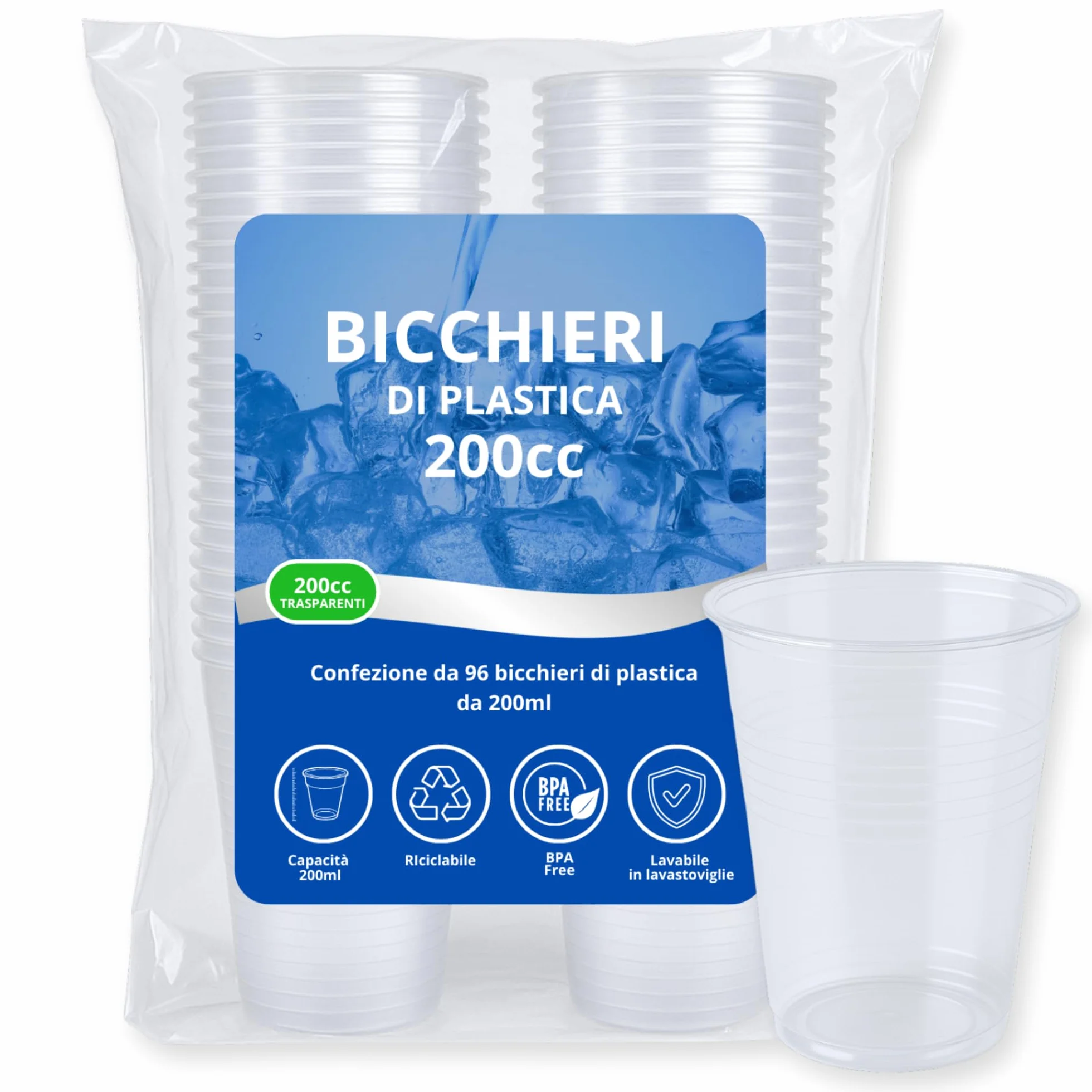 Bicchieri Plastica Trasparenti Monouso 200 ml 96 Pezzi Lavastoviglie Senza BPA Impilabili
