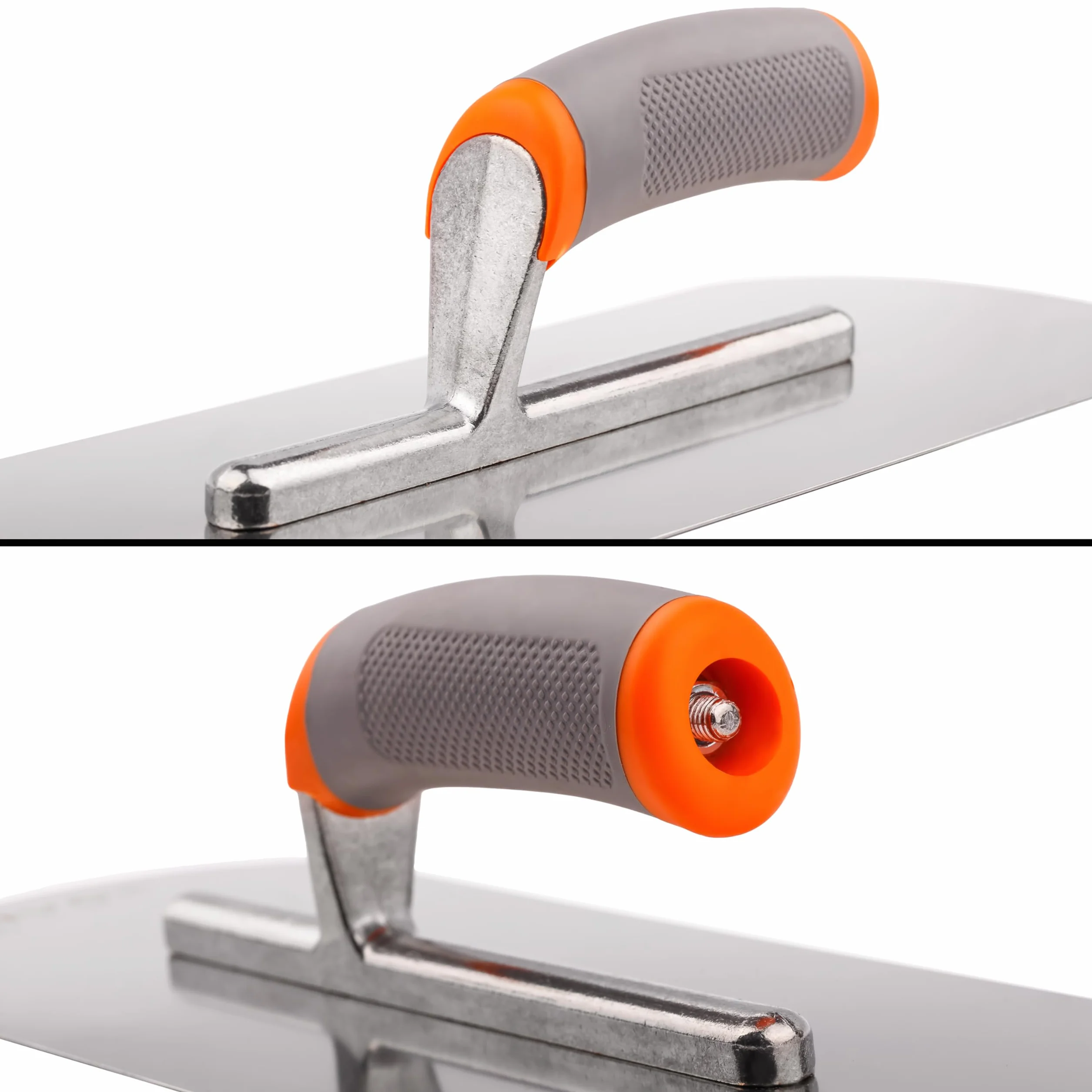 MIVOS Cazzuola in Acciaio inox - 375 x 130 mm - Mezzo Tondo - Impugnatura Ergonomica e Morbida - Tavola Lisciante per intonaco e Muratura - Disco Lisciatore - Made in Ue