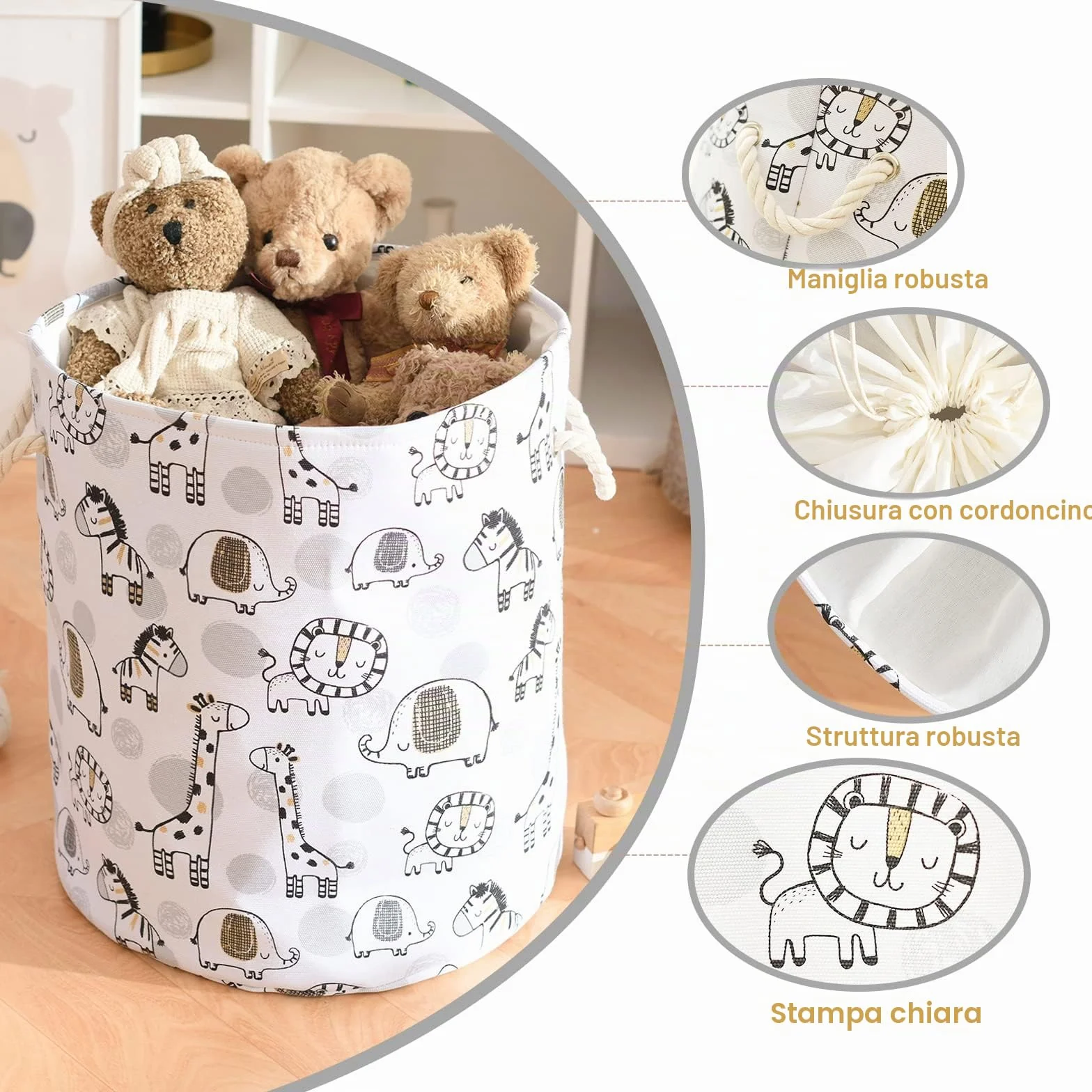 Ceste per la Biancheria 58L Très Grand Cesto Giochi Bambini, Animaux Safari Pliable Contenitore Bancheria Sporca Cesta Porta Giochi avec Chiusura con Coulisse per Asilo Nido Camera dei Bambini