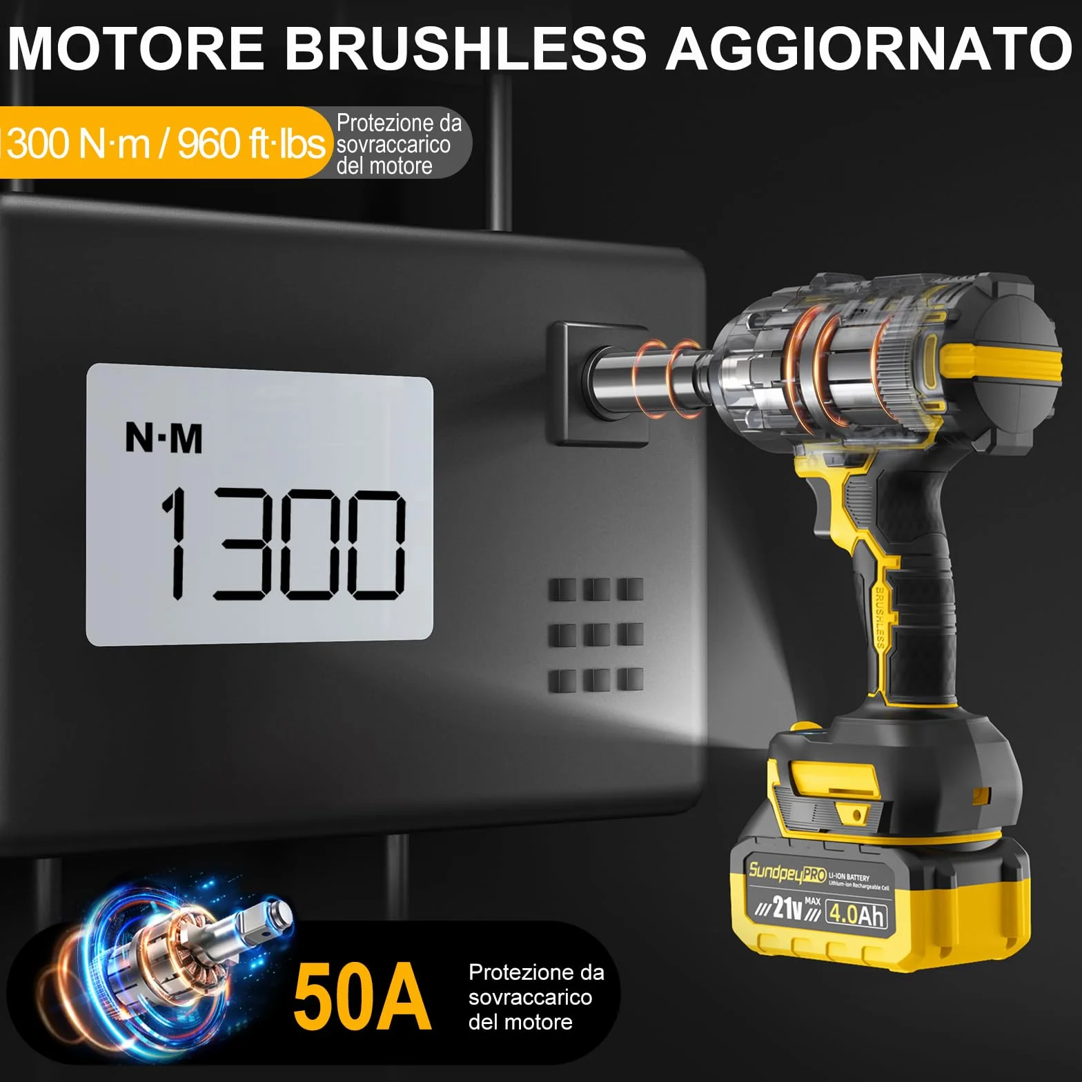Avvitatore a Impulsi 1300Nm 21V 1/2" Brushless con 2 Batterie 4.0Ah 3 Velocità RSS Cassetta
