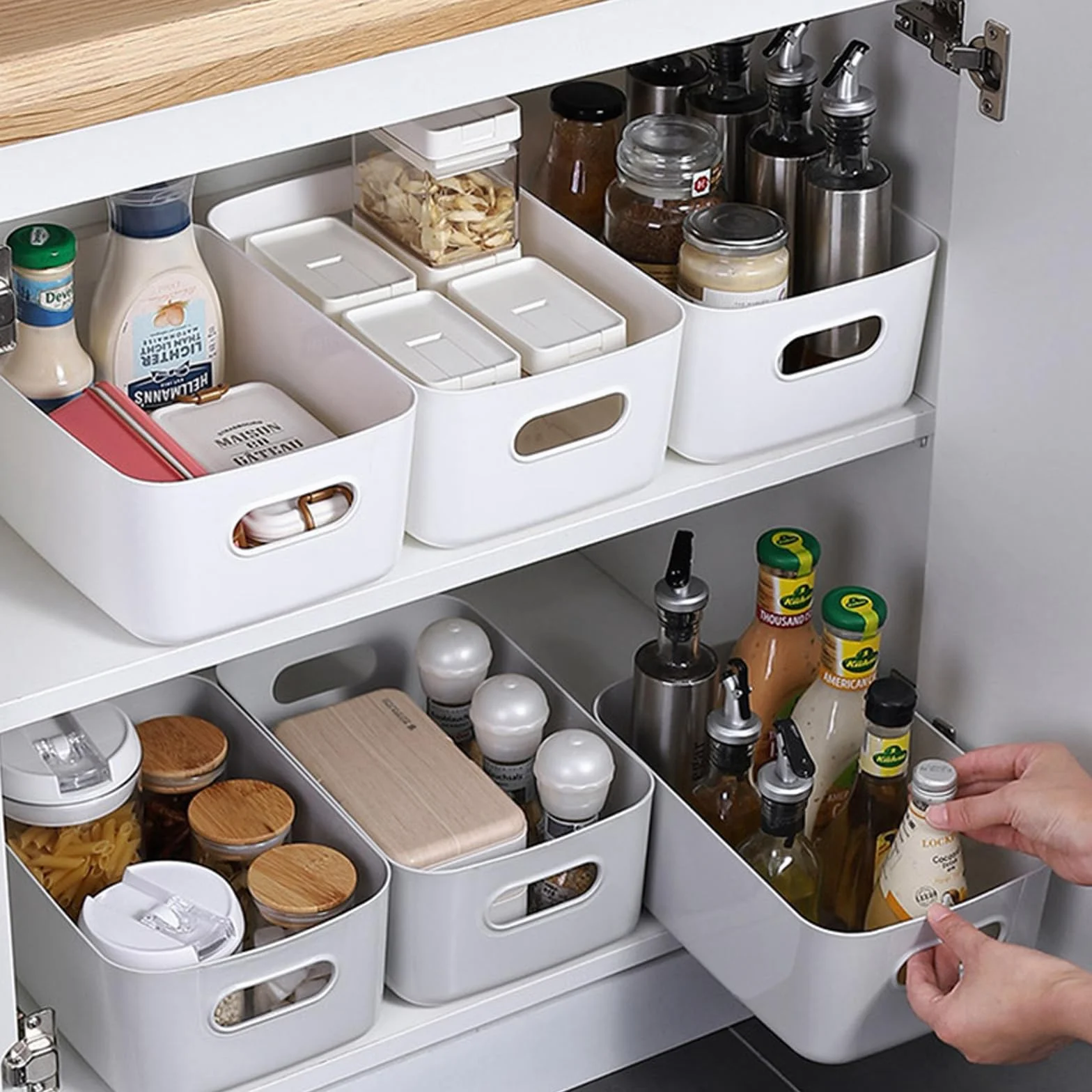 10 pezzi Scatola portaoggetti in plastica con manici, 30x20x12cm, scatola di plastica per la conservazione, per armadio da cucina, bagno, scaffale, organizer da desktop (Bianco)