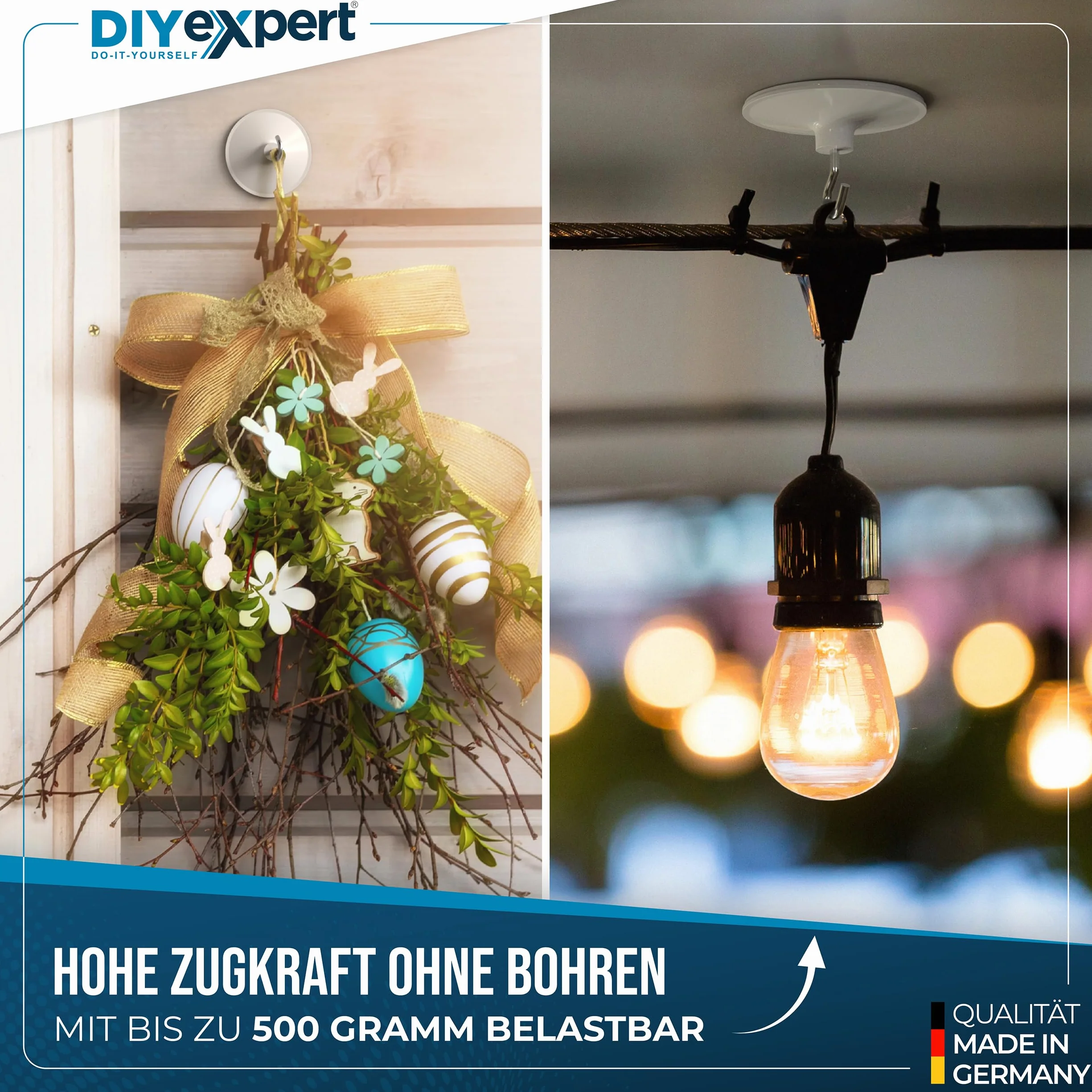 DIYexpert Gancio da soffitto autoadesivo | Made in Germany | [con gancio] [4 pezzi] | Gancio adesivo per soffitto extra forte | Gancio da parete senza fori
