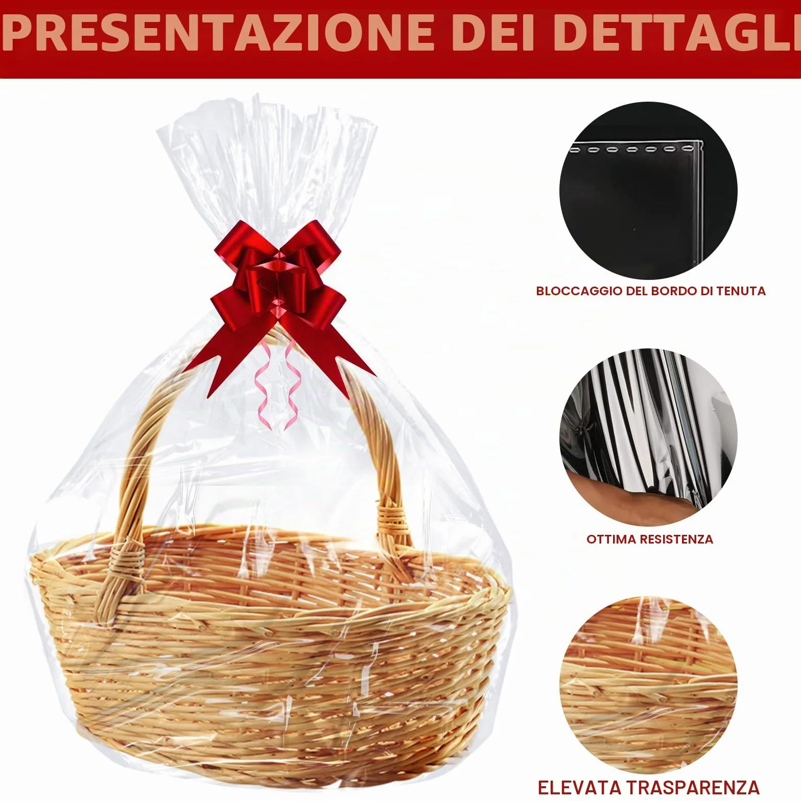 AWCIGG Set Di Sacchetti Grandi in Cellophane per Cesti Regalo, Inclusi 10 Sacchetti di Plastica da 95 x 70 cm, 10 Fiocchi e Lacci, Sacchetti di Carta Trasparente per Cesti E Bouquet Natalizi
