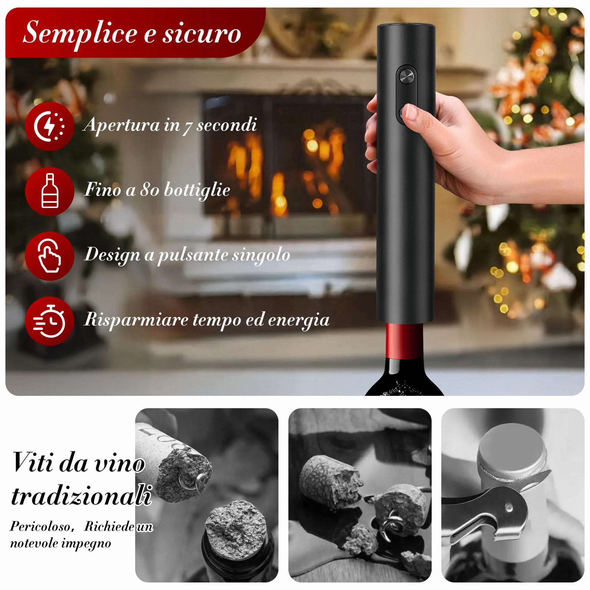 Cavatappi Elettrico per Vino，Cavatappi Elettrico Professionale Automatico, Apribottiglie Elettrico,Set Regalo Apribottiglie Elettrico 6-in-1，Set Regalo per Amanti del Vino