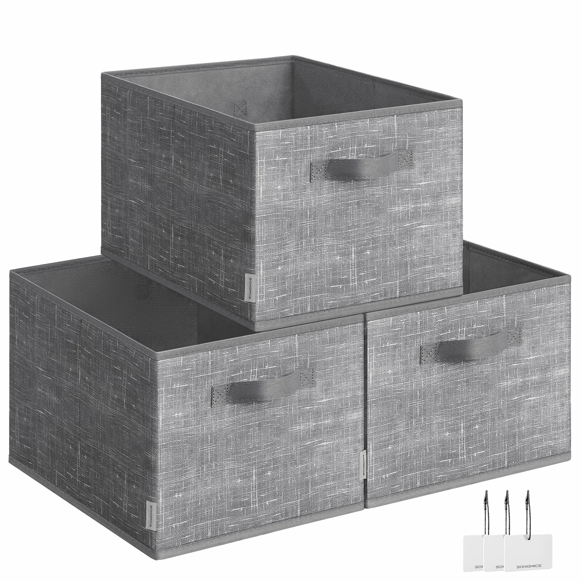 SONGMICS Scatole Portaoggetti Pieghevoli, Set di 3 Contenitori, 40 x 30 x 24 cm, Organizzatori per Armadio, 2 Maniglie, Portaetichette, per Camera da Letto Soggiorno, Grigio Giunco ROB440G01
