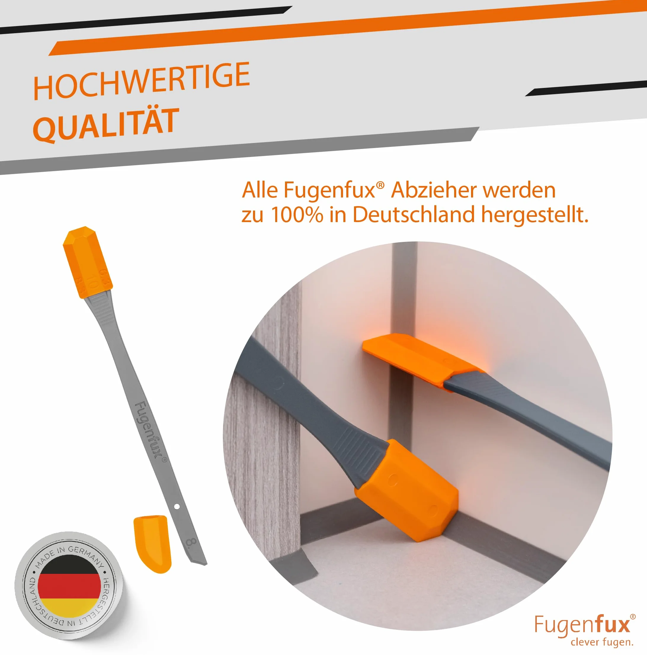 FUGENFUX® Modello 2025 MULTITOOL - Estrattore fughe 2 in 1 con rivoluzionaria punta magica e 5 stampi per fughe - Piastra versatile, Estrattore silicone, Made in Germany, ideale per silicone, acrilico