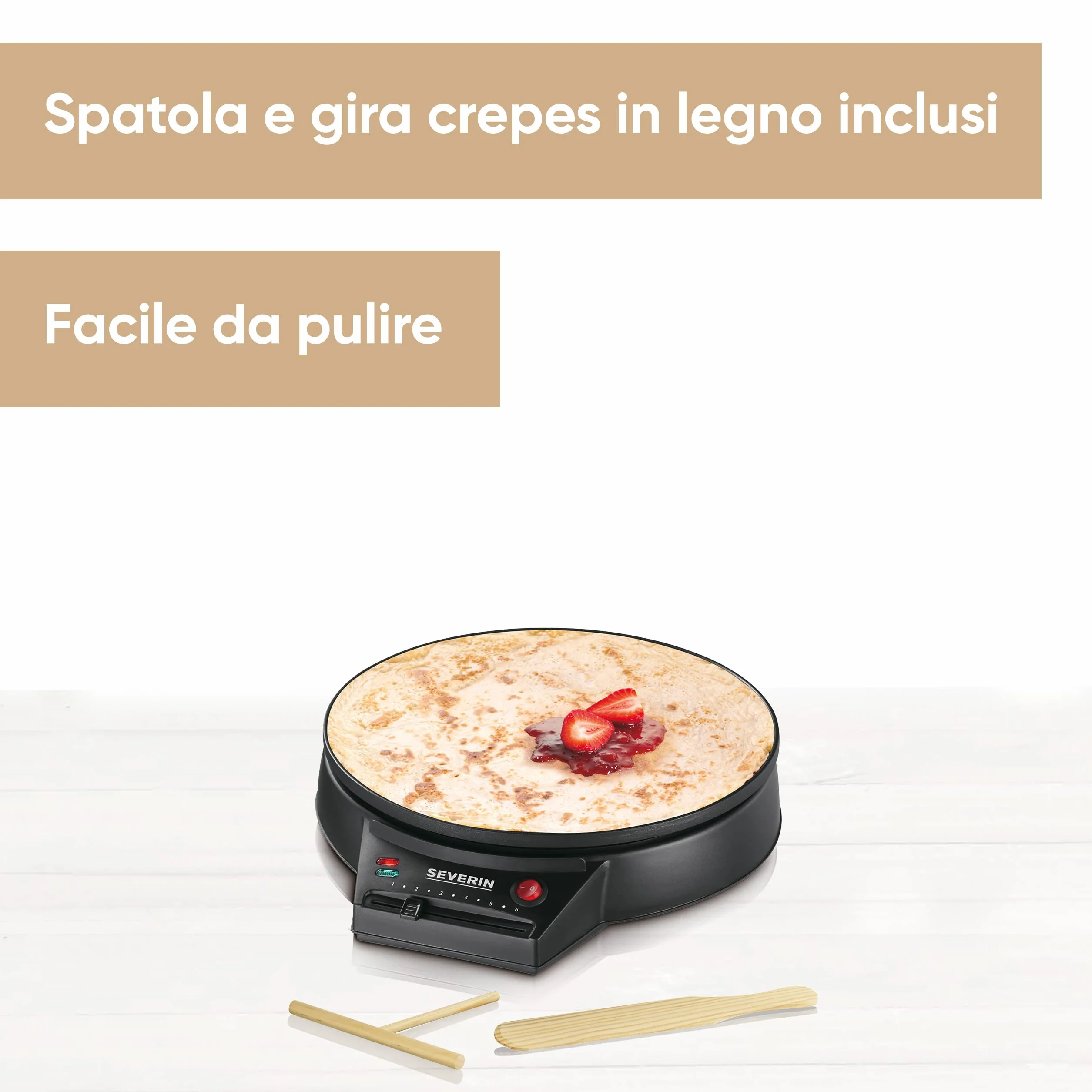 SEVERIN Crepiera Elettrica, 30 cm, 1000W, Piastra Antiaderente, Temperatura Regolabile, Spatola e Giracrepes in Legno Inclusi, Spia Luminosa, 30,5 x 34,5 x 8,0 cm, Nero - CM 2198