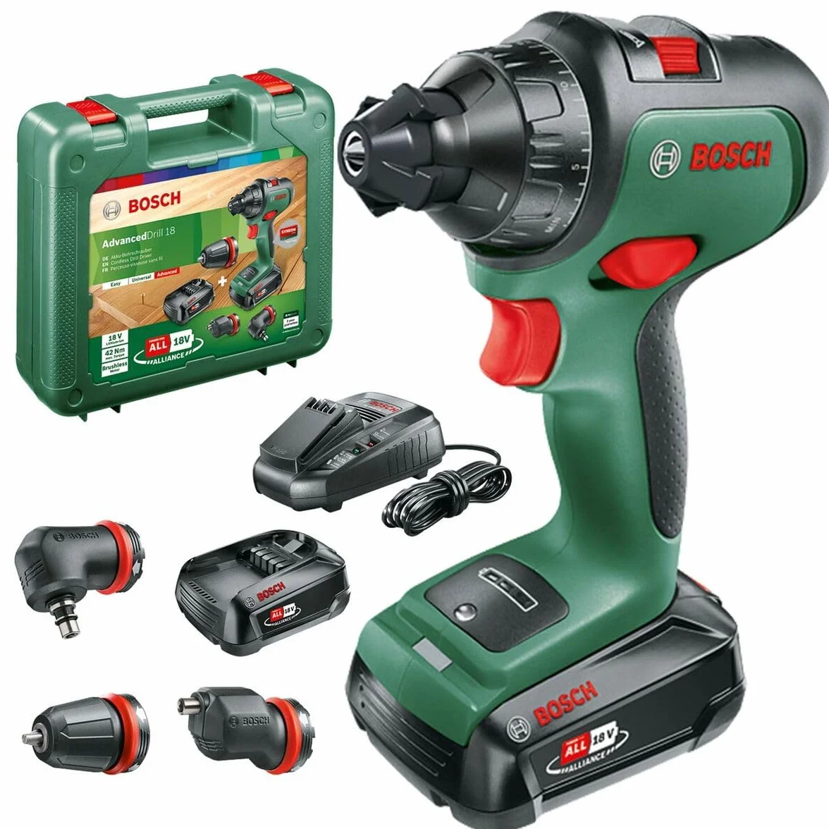 Bosch Home and Garden Set Trapano a batteria AdvancedDrill 18 (2 batterie, sistema da 18 V, 3 accessori, in valigetta), green, 1/2_pollice