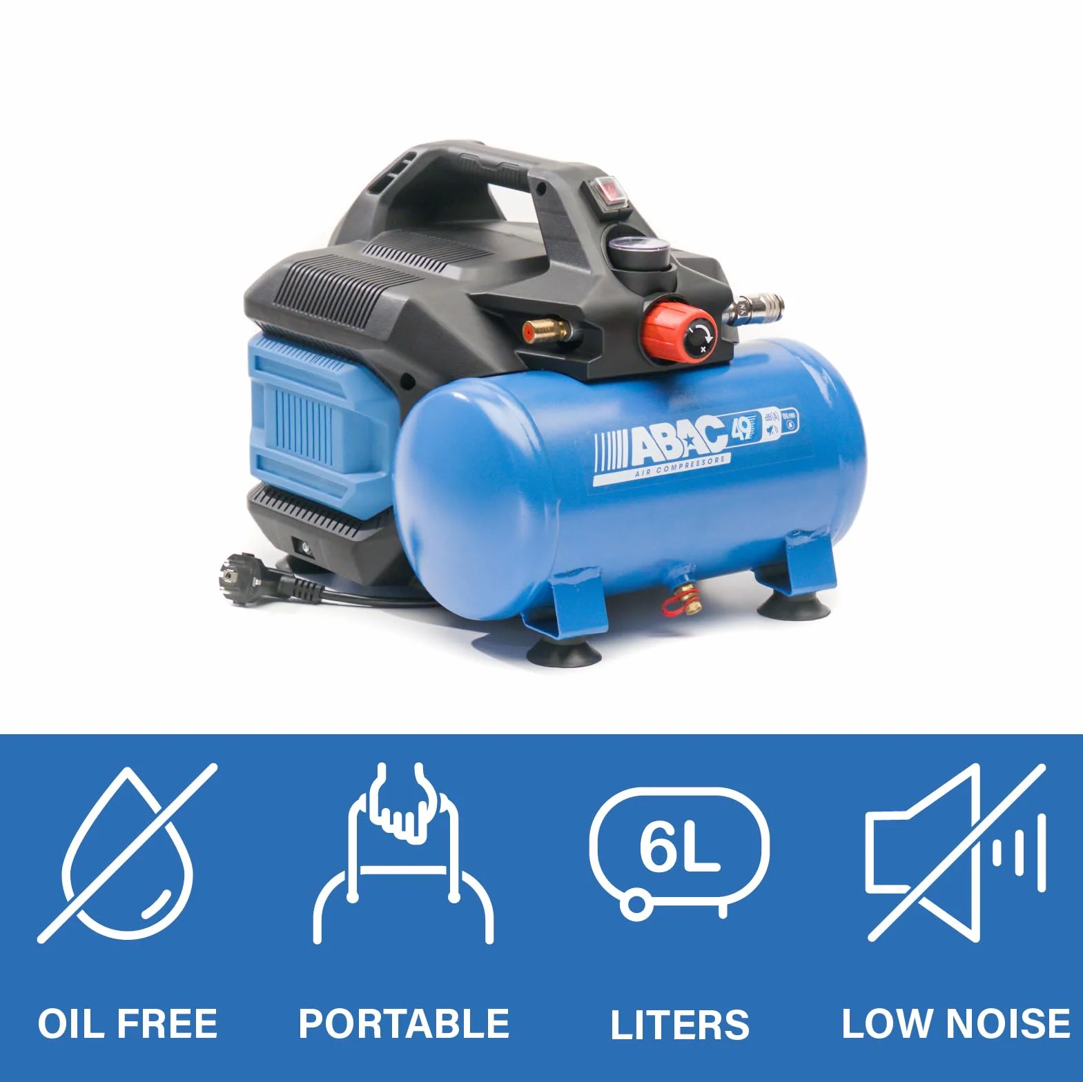 ABAC EASE-AIR 6 Compressore d'Aria Portatile Silenzioso, Compressore Aria Oil-Free, Pressione Massima 8 Bar, Potenza 0,75 Hp, Serbatoio 6 Litri, Rumorosità 49 dB