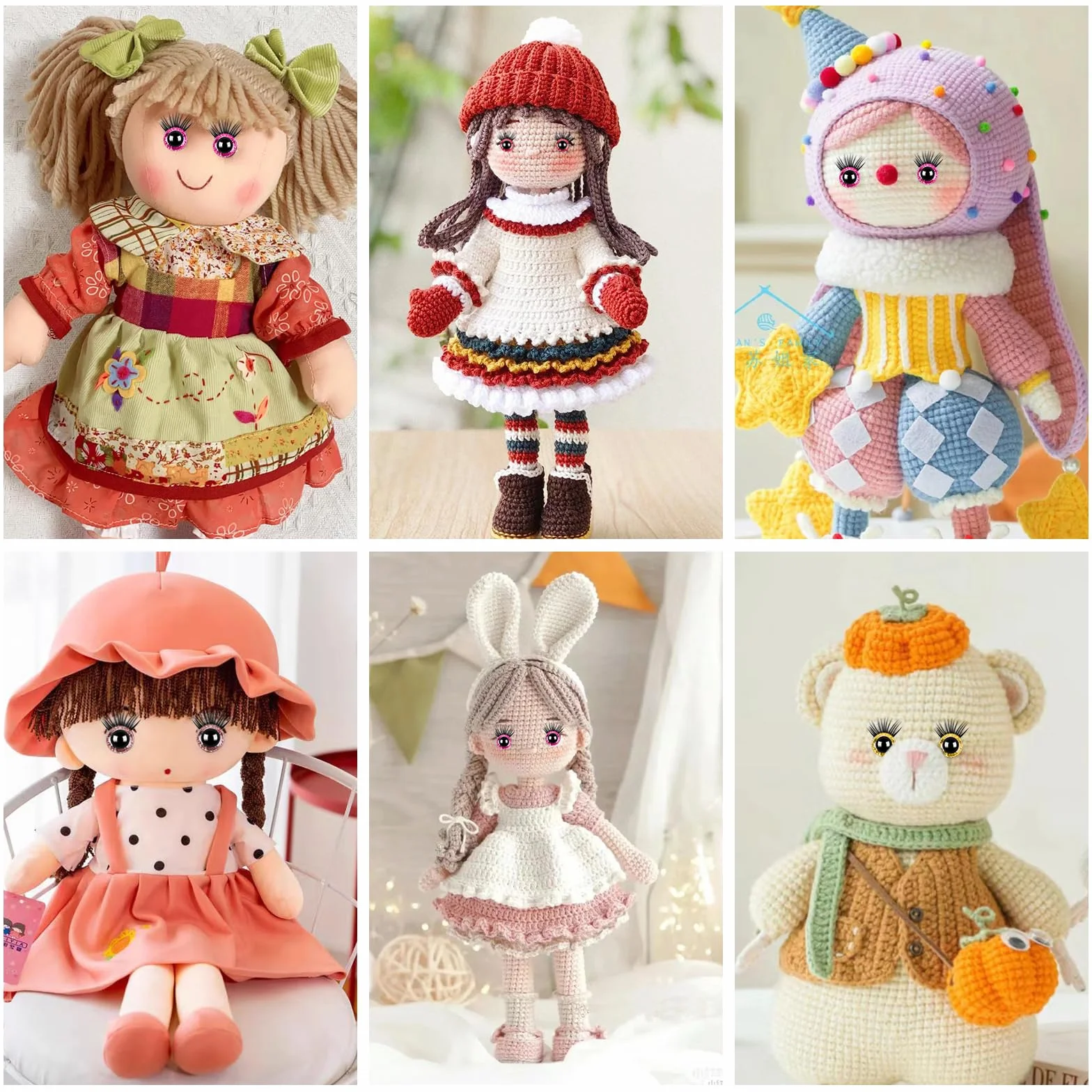 HavaCue 30 Pezzi Occhi Amigurumi Colore Amigurumi Kit con Ciglia Occhi 16mm Occhi per Pupazzi Plastica Occhi di Sicurezza per Amigurumi con Rondelle per Animali all'Uncinetto Bambola Pupazzo Peluche