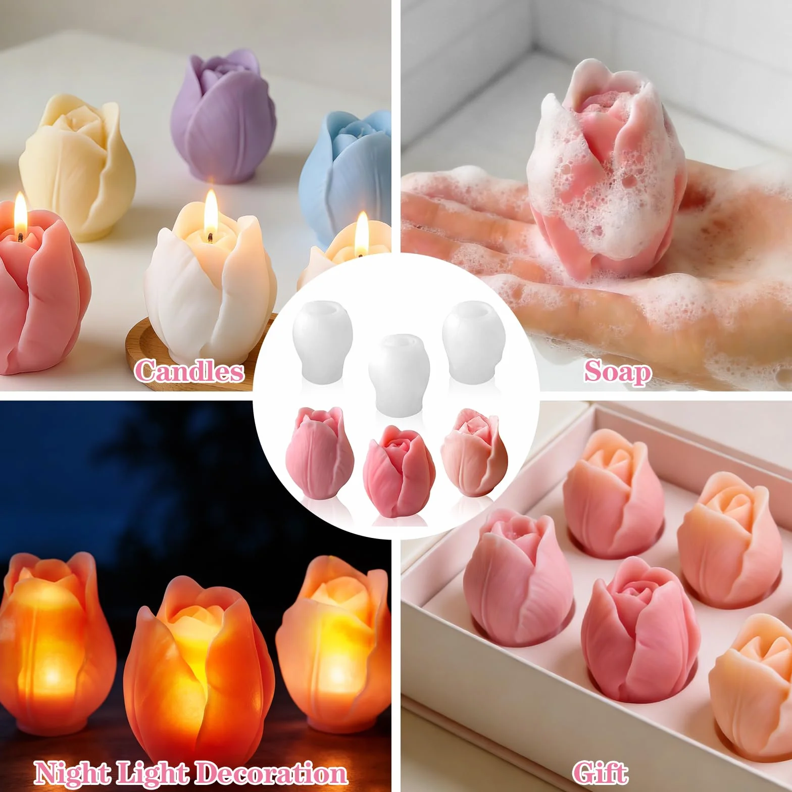 Stampo per Candele in Silicone a Forma di Tulipano, 3 Pezzi Stampi 3D in Silicone per Candele Fiori, Stampi Candele a Forma di Tulipani per Realizzare Candele fai da te in Resina Saponi Gesso