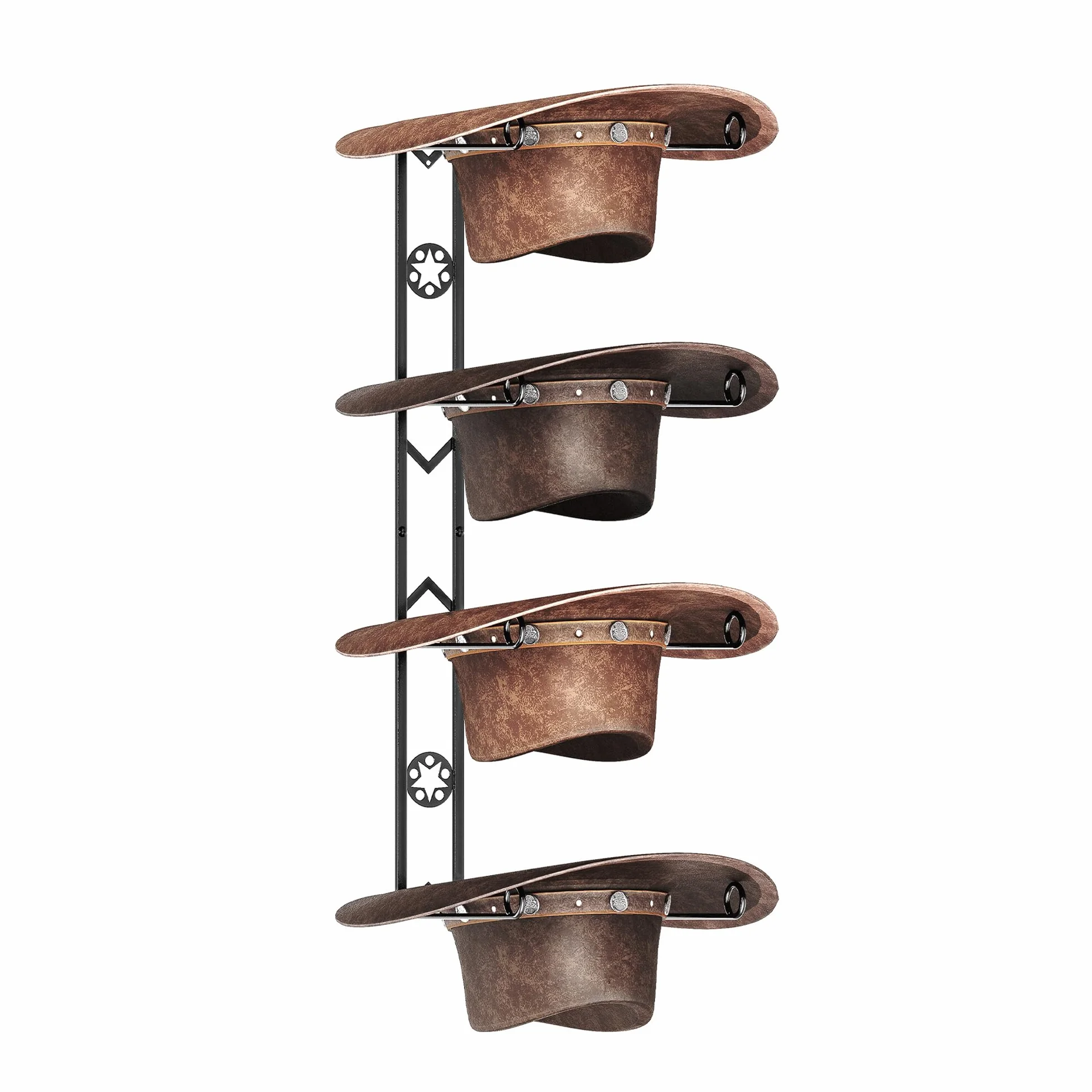 4 ganci per cappelli da cowboy, da parete, con stella decorativa, in metallo, per cappelli da cowboy, spiaggia, Fedora, cappelli da sole (nero)